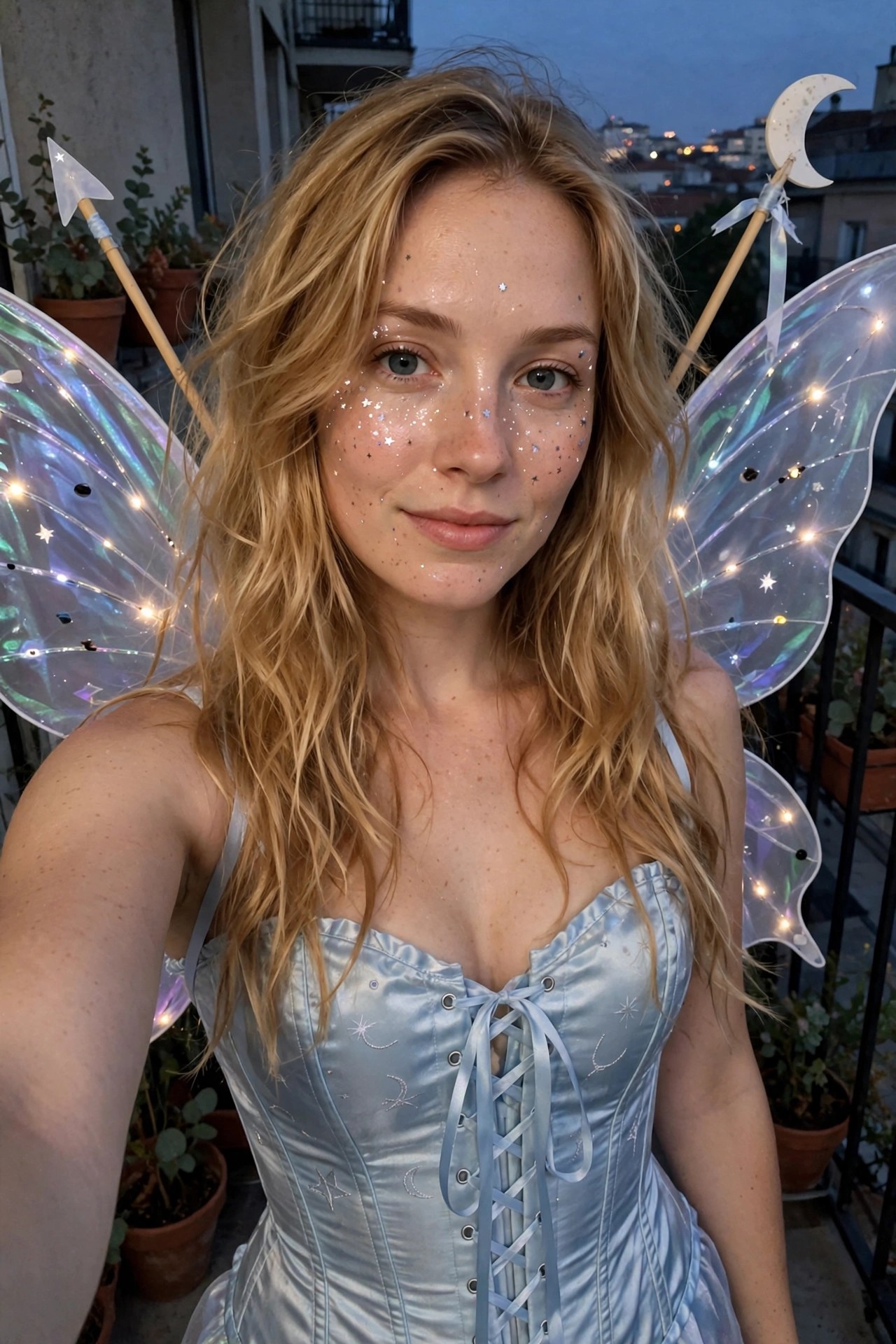 Woman wearing a light blue satin corset with celestial embroidery, iridescent fairy wings with string lights, holding an arrow prop and crescent moon staff, glitter stars on face.