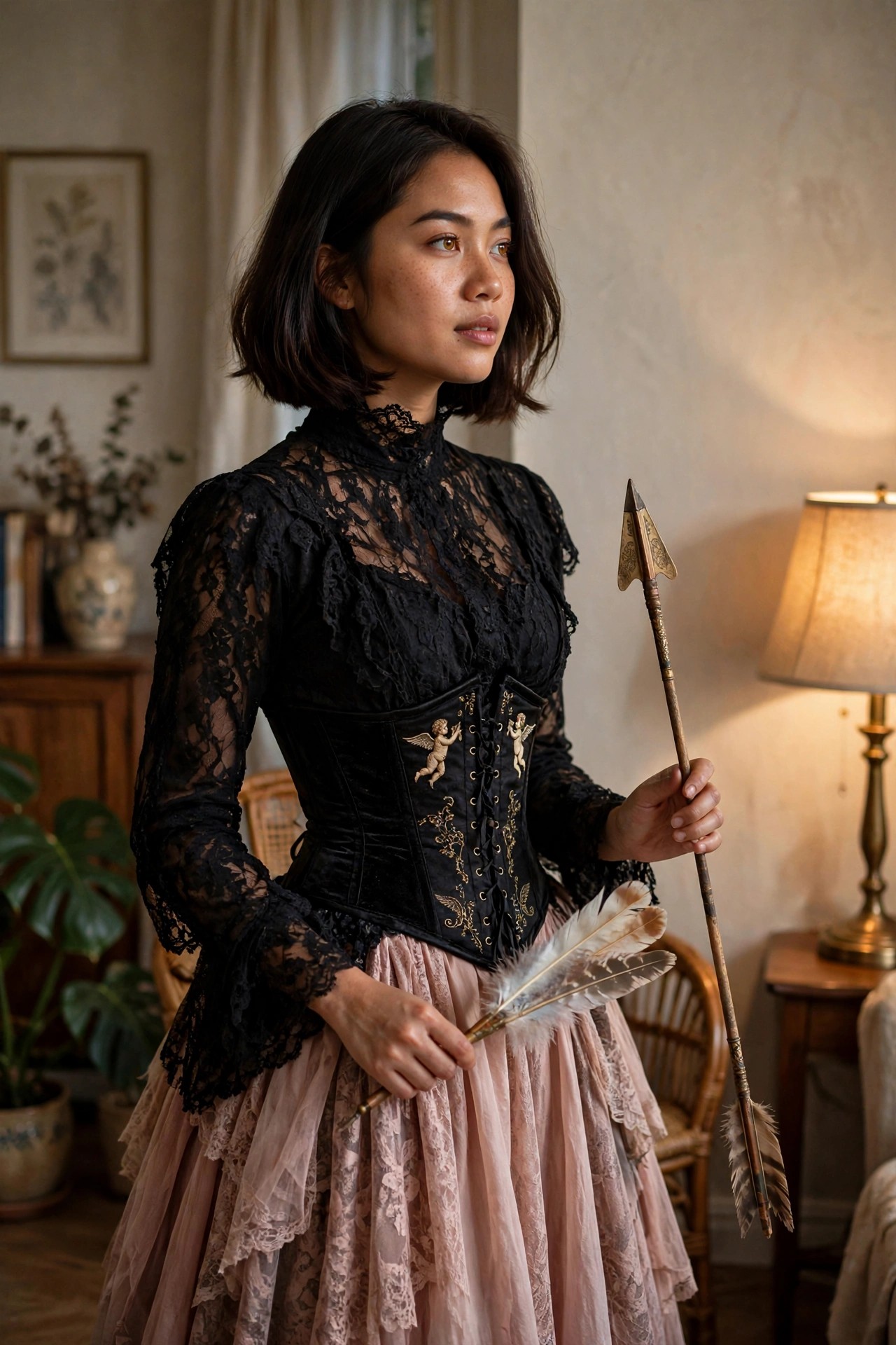 Woman wearing a black lace blouse under a black corset with gold cherub embroidery, holding a decorative arrow with feathers, paired with a pink tulle skirt.
