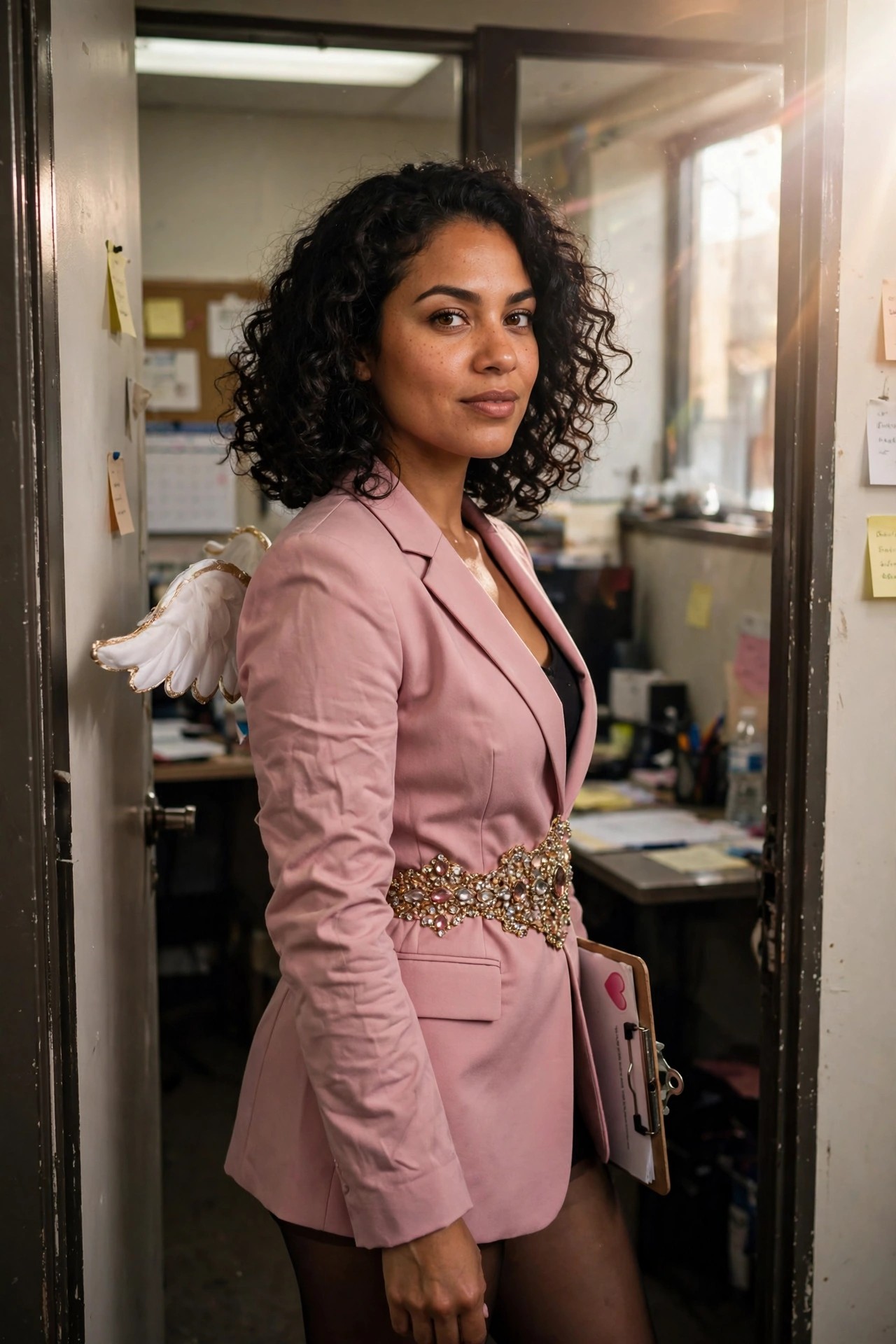 Woman in pink blazer with white feathered wings and jeweled belt holding heart clipboard as Cupid costume.