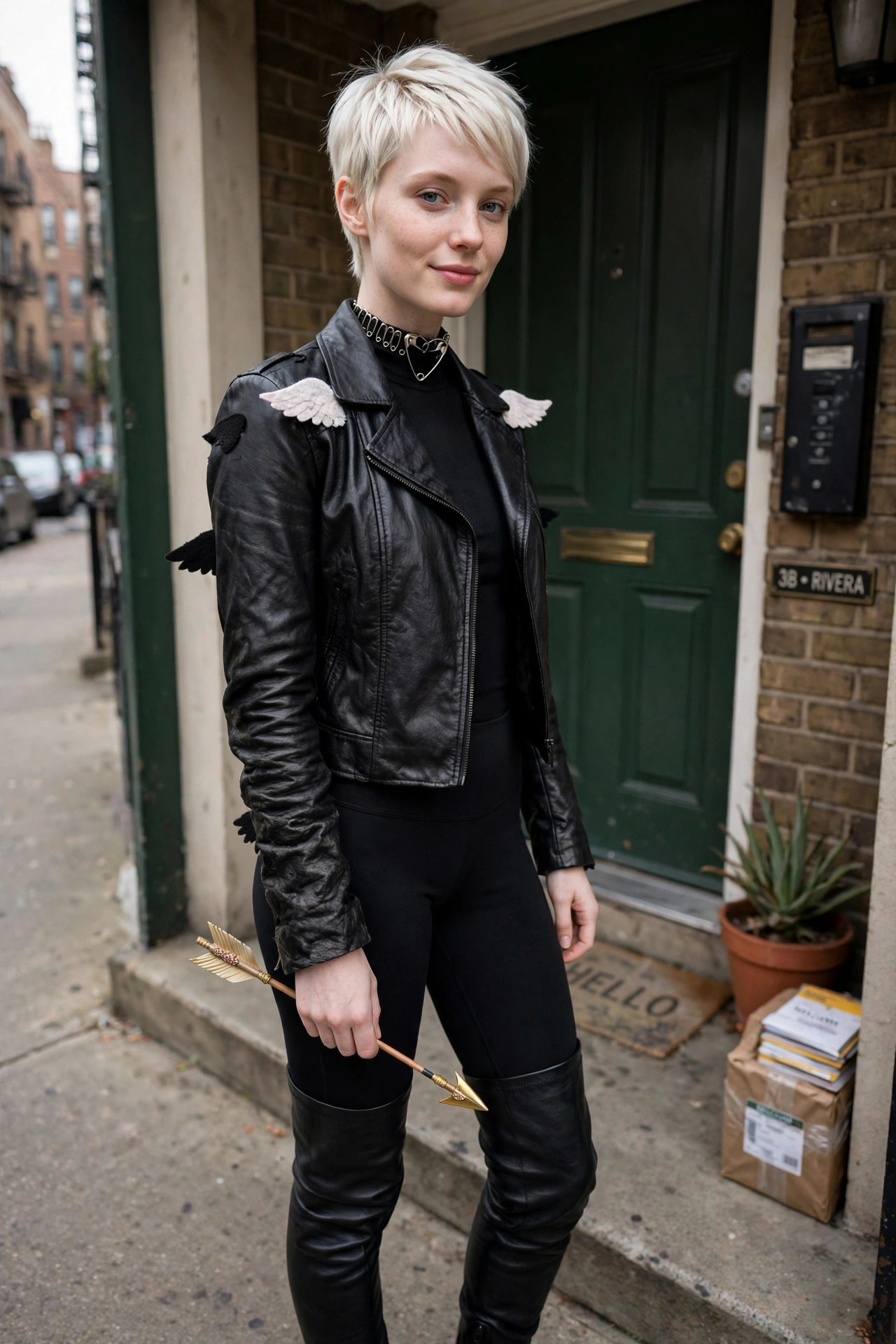 Woman in black leather jacket with white wing patches on shoulders holding golden arrow, wearing black outfit and boots as Cupid costume.