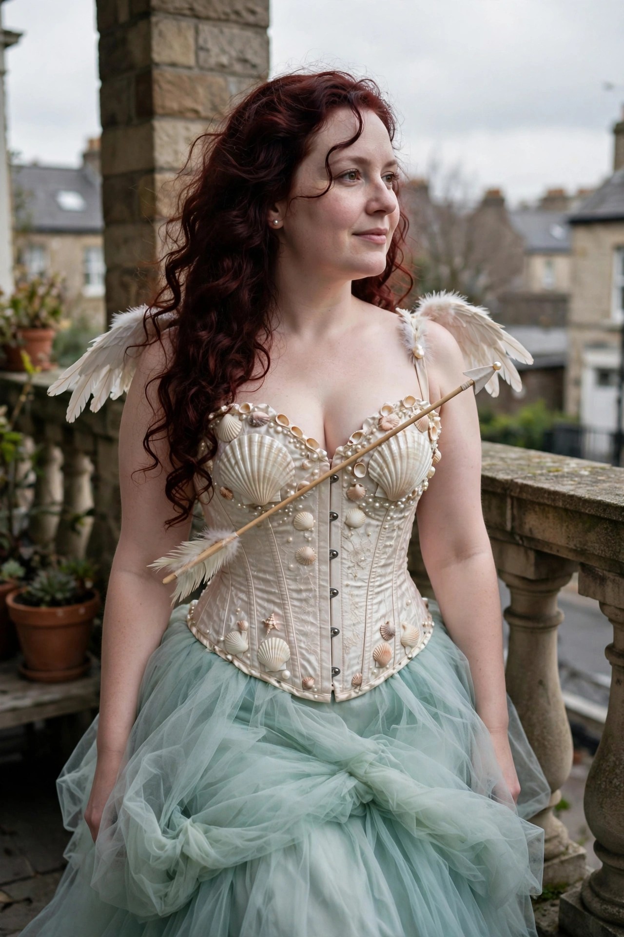 Woman wearing a pale corset decorated with seashells and pearls, small white feathered wings, holding an arrow prop, paired with a layered mint tulle skirt.