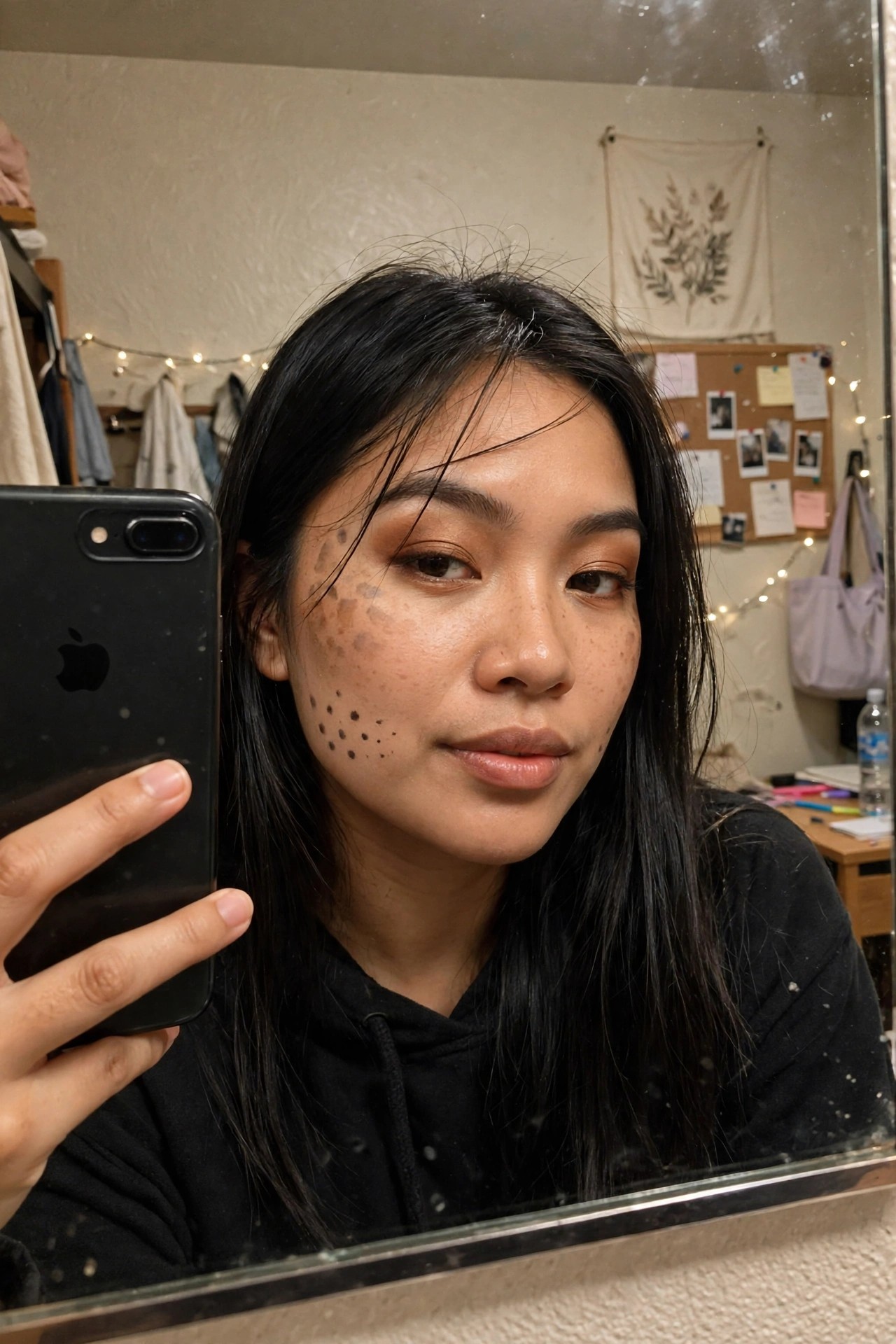 Close-up mirror selfie showing cheetah spot face paint with brown and black spots across the cheek on a neutral base with soft orange eyeshadow.