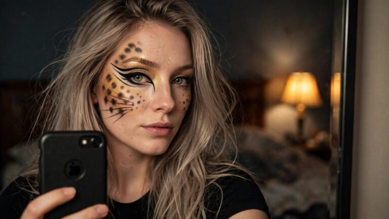 Close up of woman with blonde hair showing cheetah spot face paint on one cheek, dramatic black winged eyeliner with whisker details, and gold glitter eyeshadow.