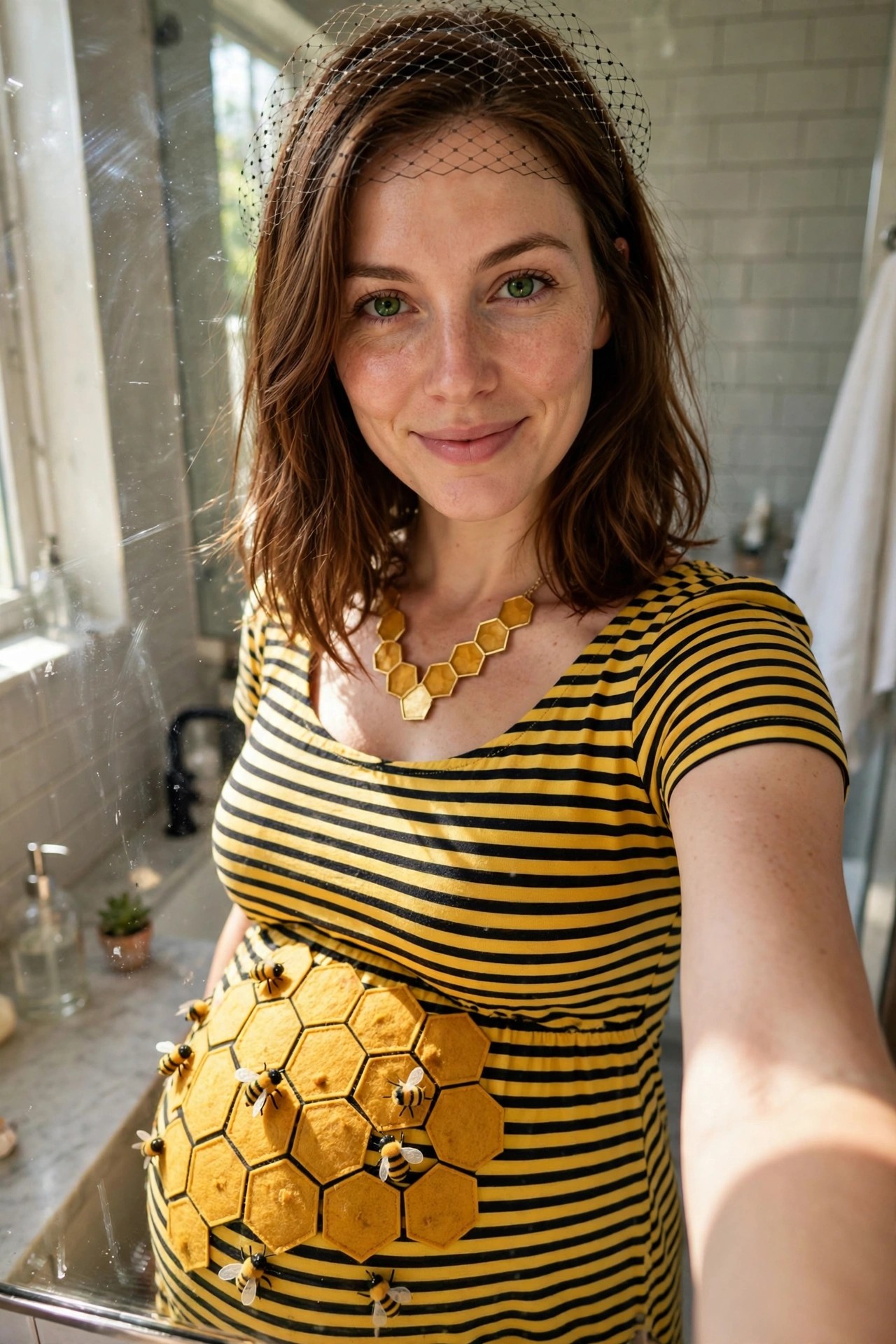 Pregnant woman wearing a bumblebee costume with yellow and black stripes a large yellow honeycomb panel on the belly and small bee figures attached to it plus a honeycomb necklace and black dotted veil headpiece.