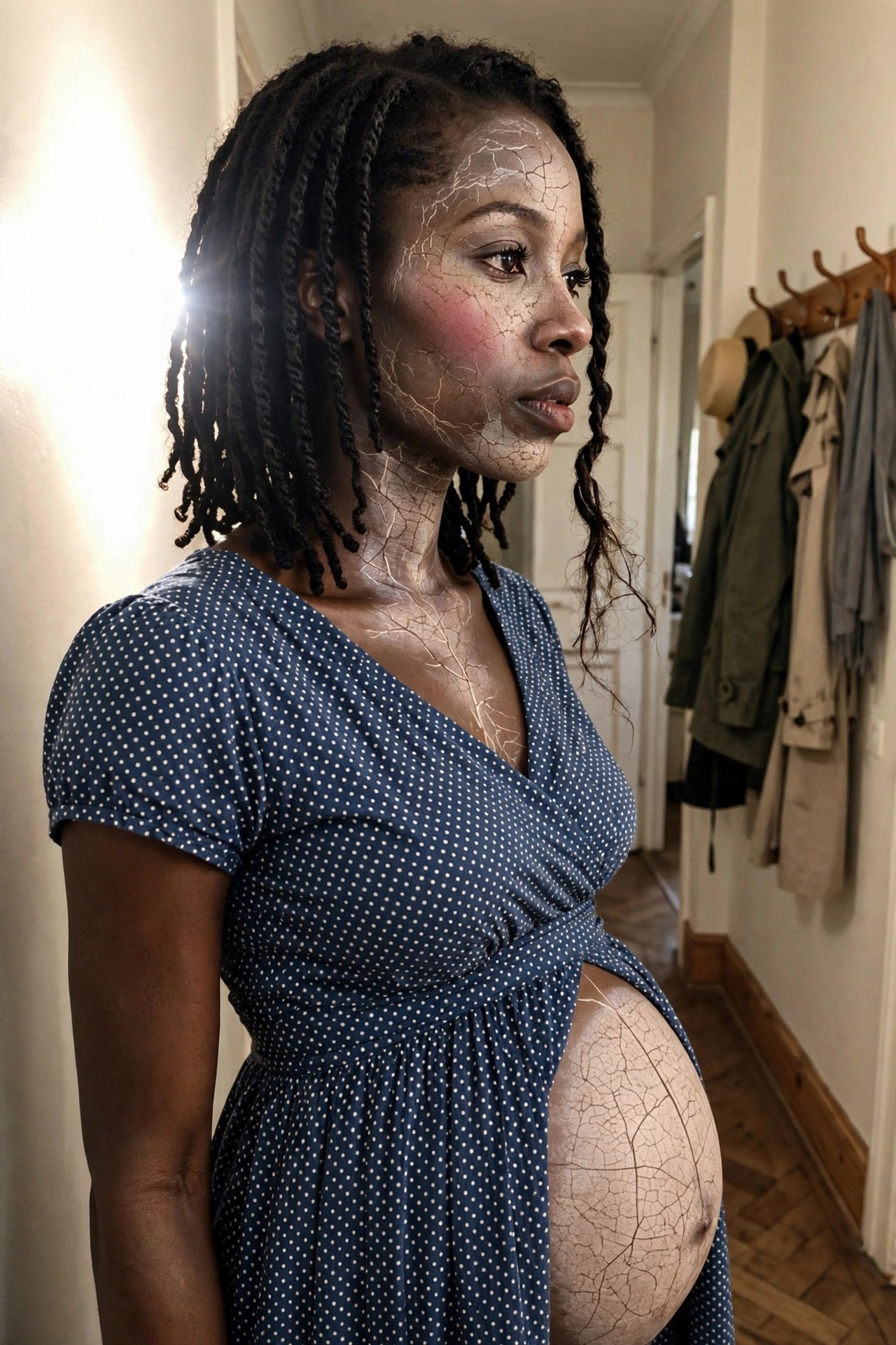 Pregnant woman in blue polka dot dress with black braids and cracked porcelain makeup covering face neck and belly.