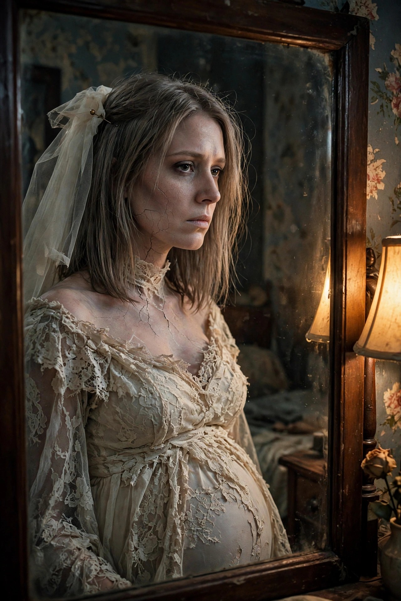 Pregnant woman in a tattered off-shoulder lace wedding dress and veil with cracked porcelain texture across face neck and shoulders.