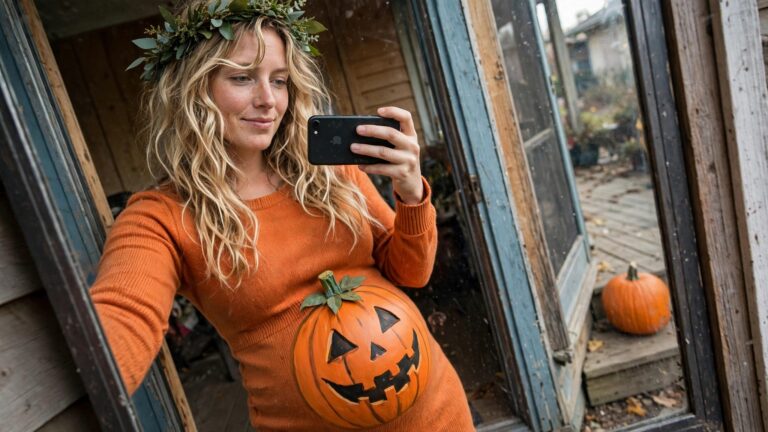 Pregnant woman wearing an orange sweater with a painted jack o lantern on her belly and a leafy crown on her head.