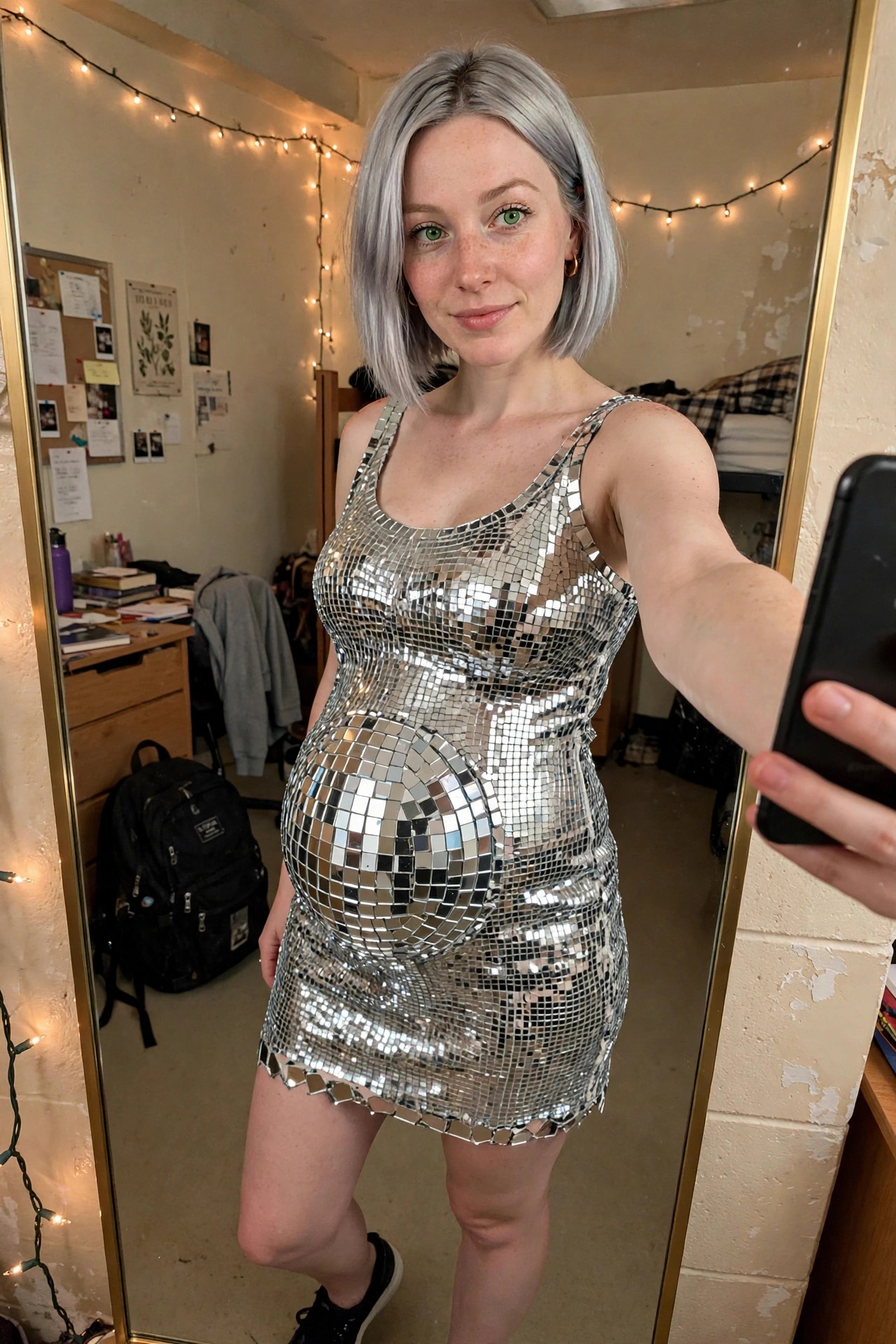 Pregnant woman wearing a tight silver mirror tile mini dress that turns her belly into a large reflective disco ball, short silver bob hair, taking a mirror selfie.