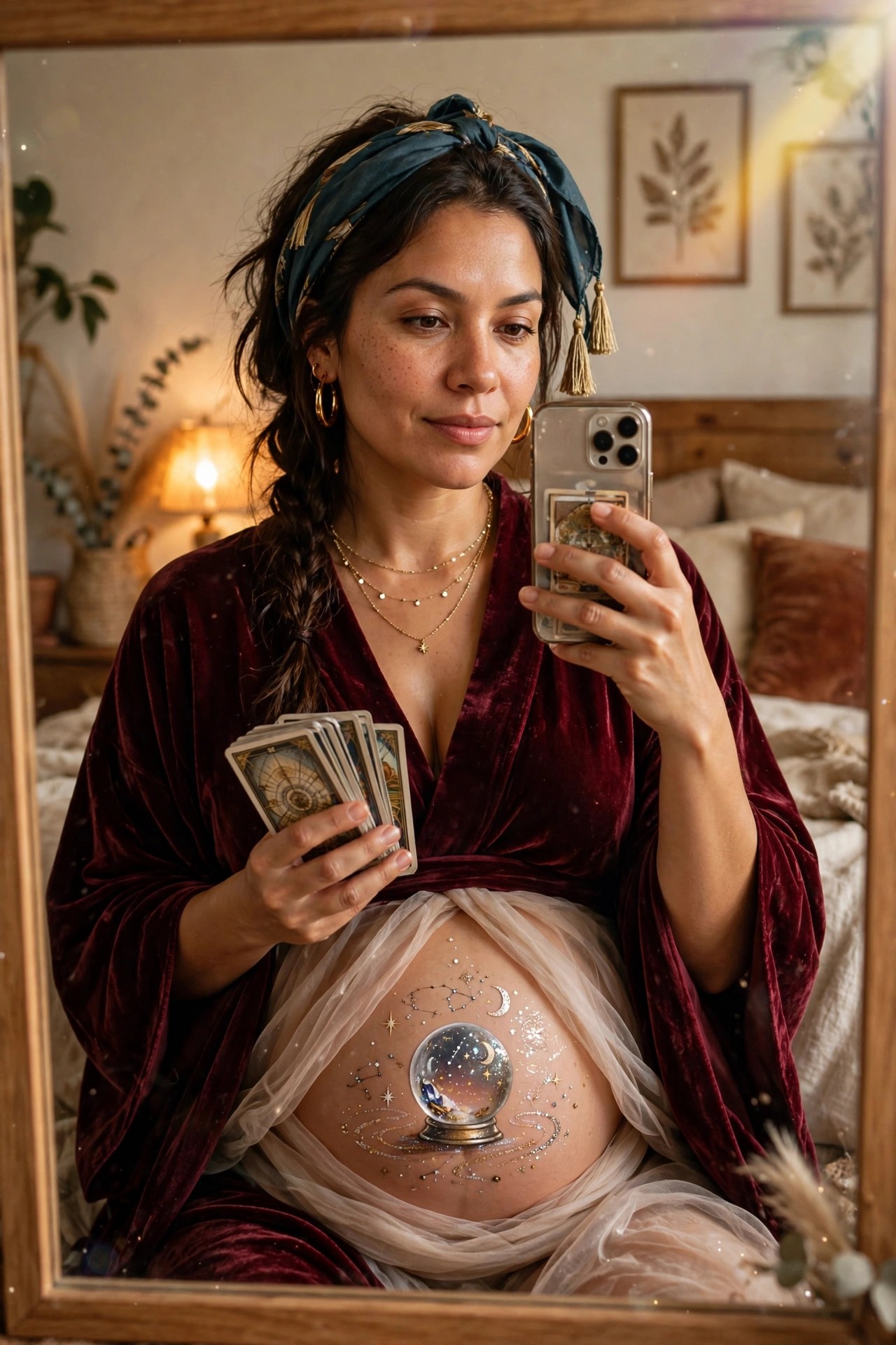 Pregnant woman in red velvet robe holding tarot cards with celestial body paint on her belly including a crystal ball stars and moons.