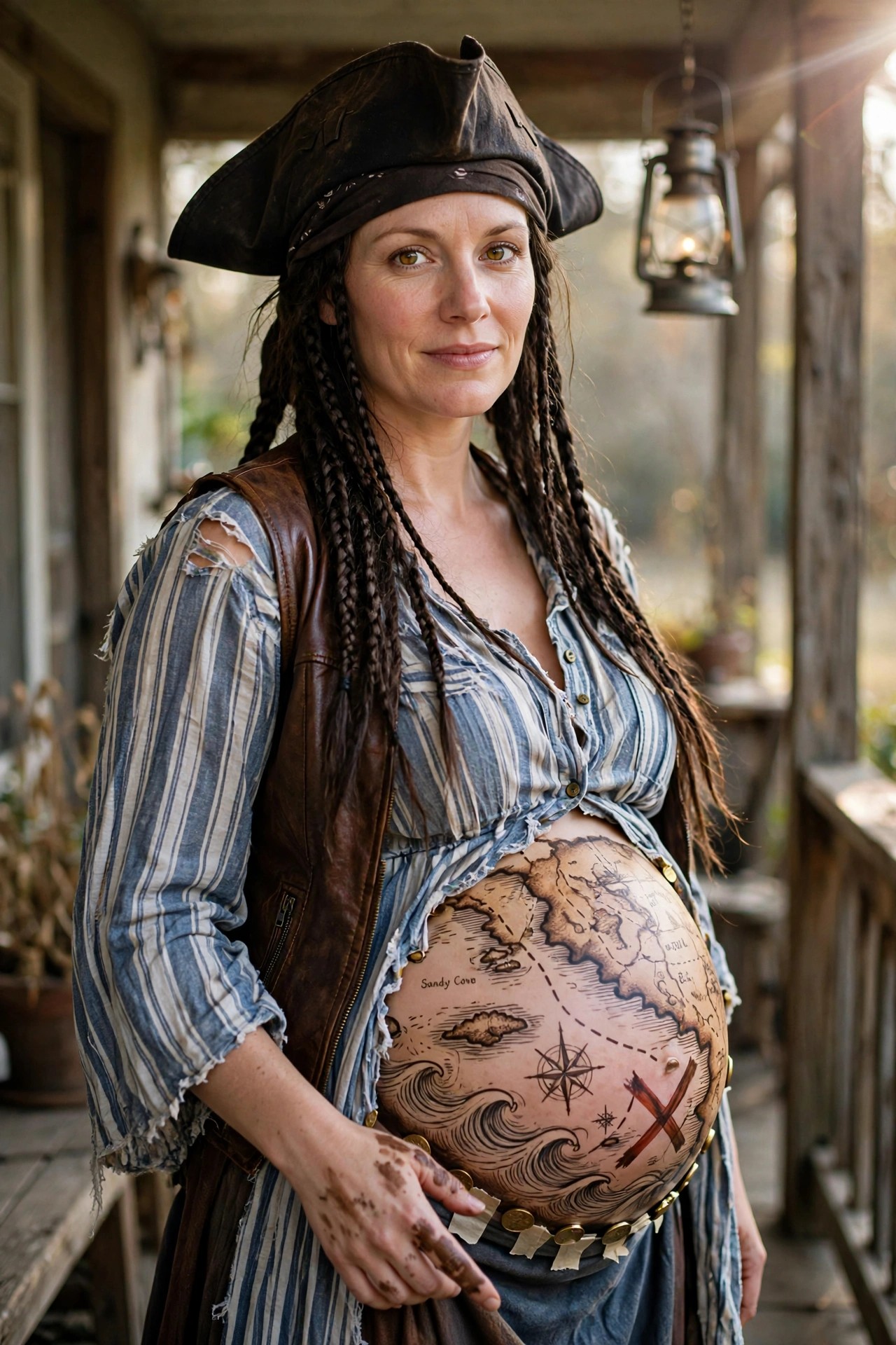 Pregnant woman wearing a pirate costume with a striped shirt, brown vest, black tricorn hat, and a detailed treasure map painted on her exposed belly.