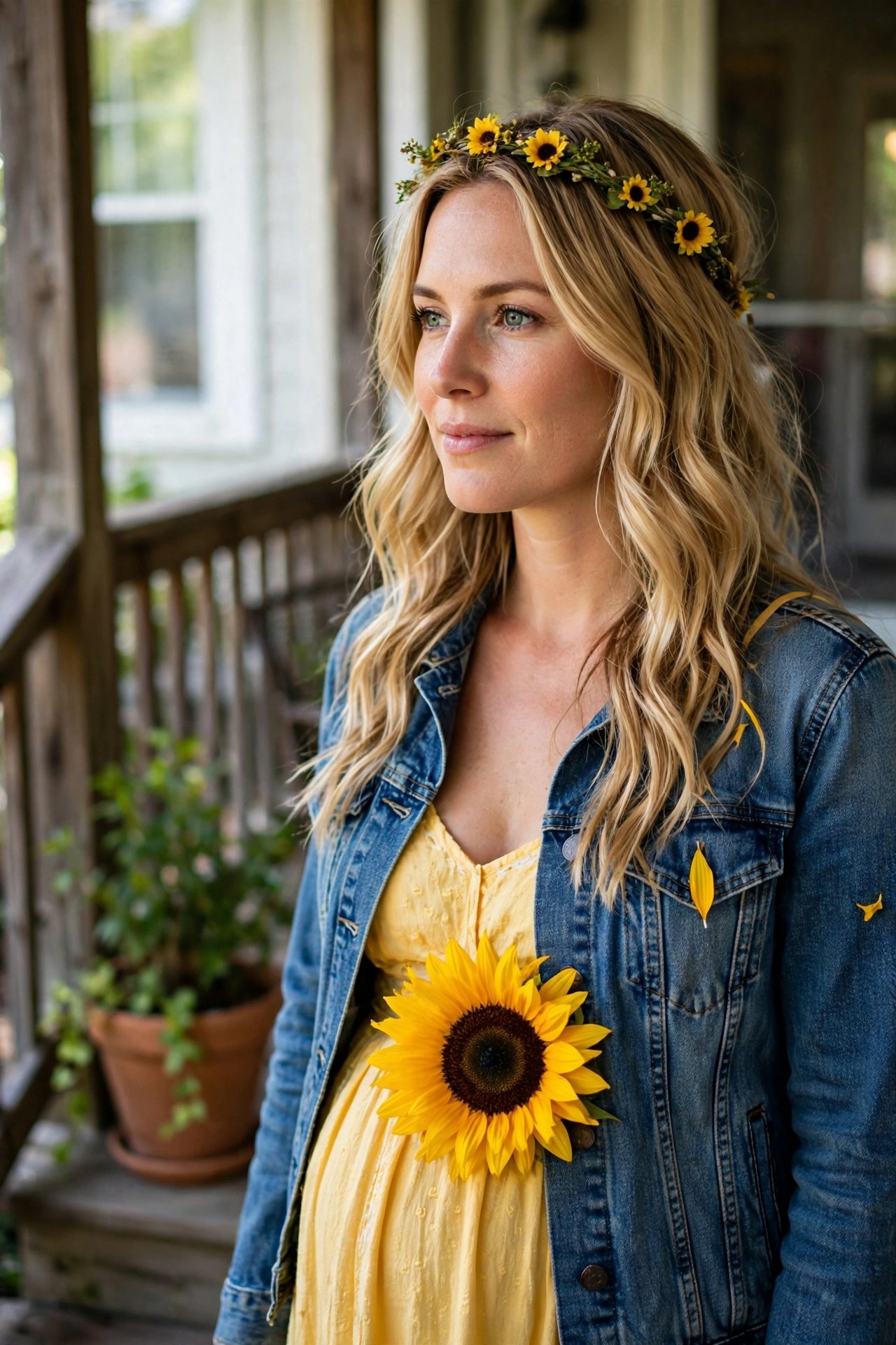 Pregnant woman wearing a yellow dress and denim jacket with a large sunflower accent on the belly and a matching sunflower crown.