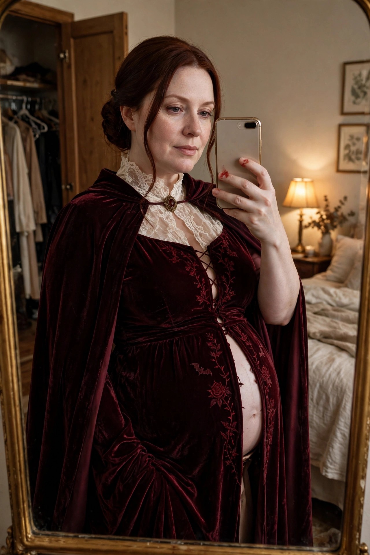 Pregnant woman wearing a deep red velvet Victorian style dress with cape, lace collar, and bat and rose embroidery, holding a phone with blood on her fingers.