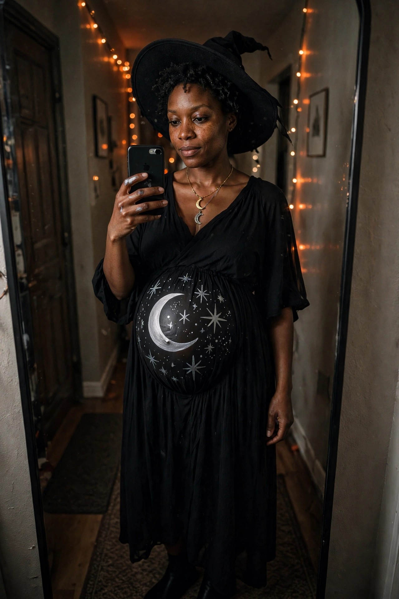 Pregnant woman wearing a black witch hat and flowing black dress with a large painted crescent moon and stars across the belly, holding a phone for a mirror selfie.