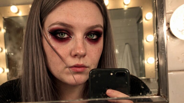 Close up of dramatic red and black smoky eye makeup with winged liner and three small rhinestones placed under the left eye.