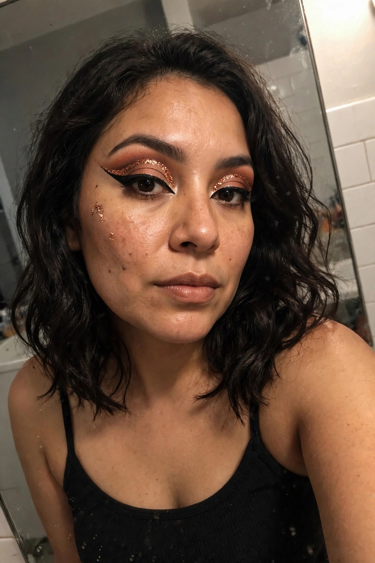 Close-up of glitter orange eyeshadow with extended black winged eyeliner on both eyes and scattered glitter on the cheeks.
