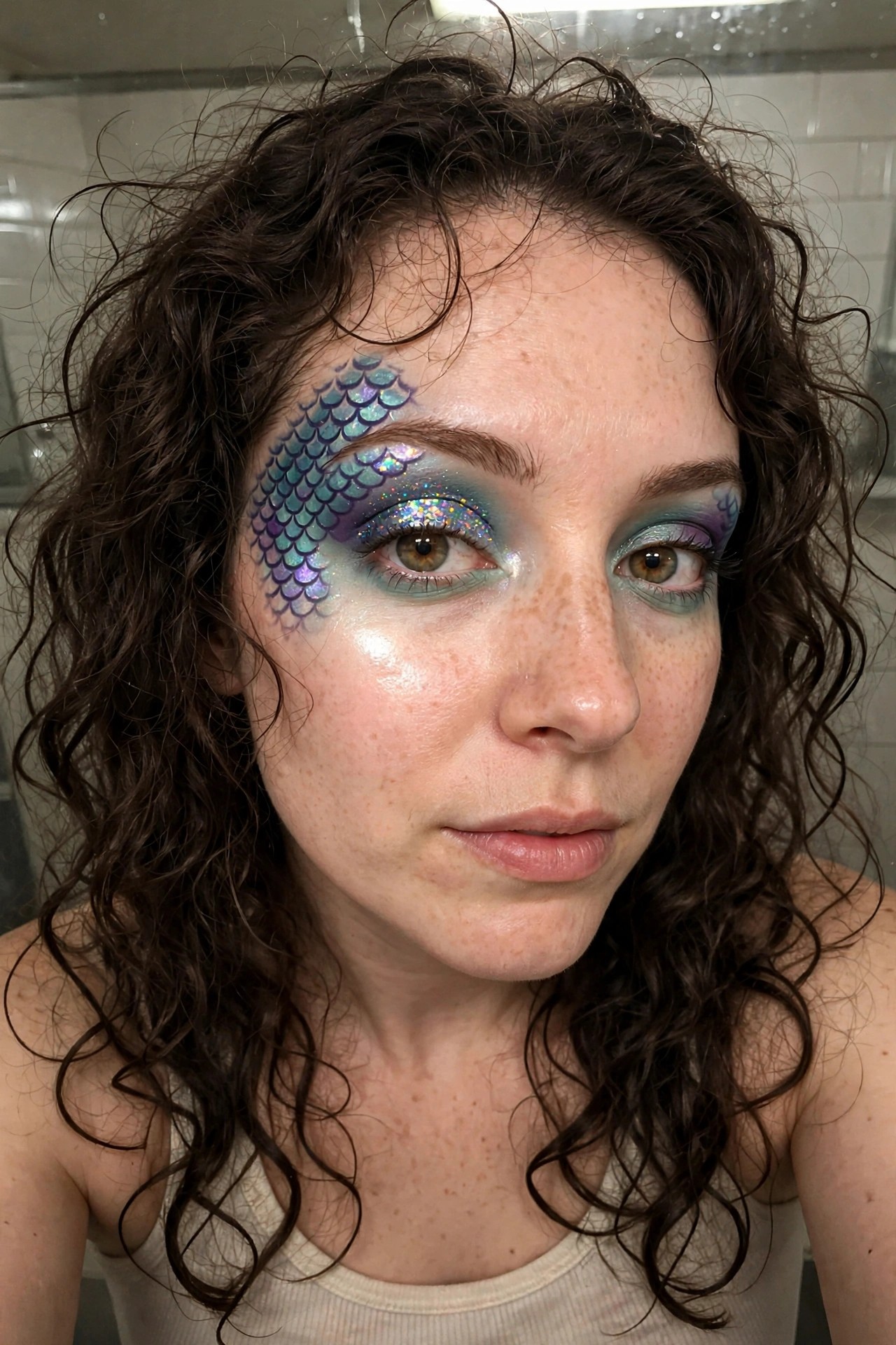 Close-up of eye makeup featuring overlapping scale patterns in teal, blue, and purple with heavy glitter on the lids.