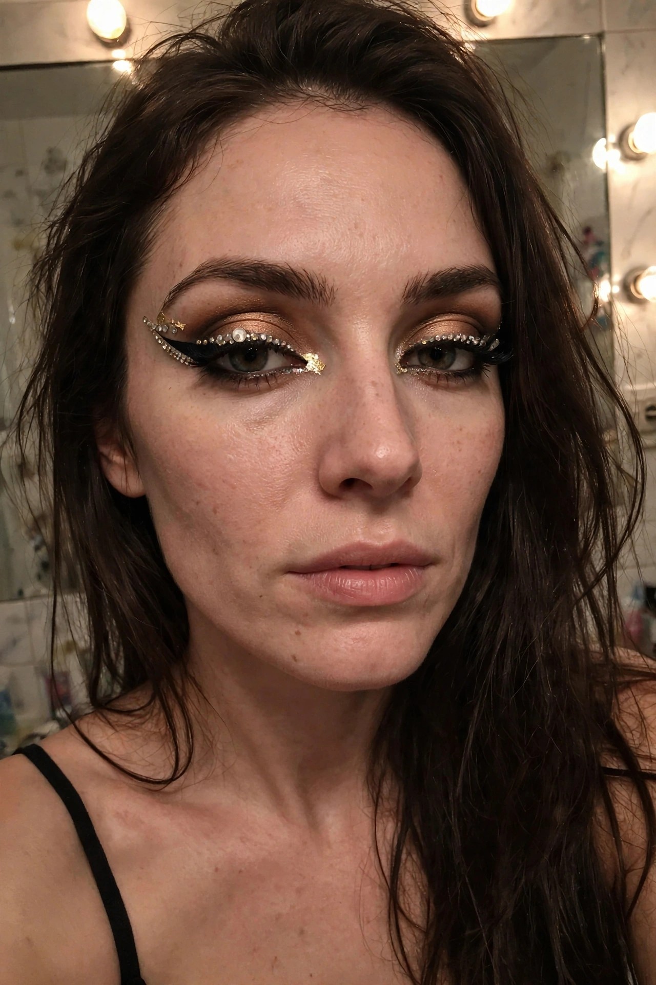 Close up of eye makeup featuring black winged liner decorated with rhinestones, pearls, and gold foil accents.