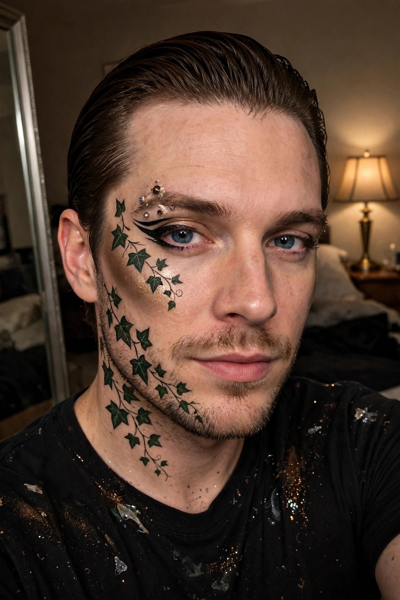 Close up of a man wearing green ivy vine face paint climbing from neck to temple, dramatic black winged eyeliner, silver rhinestones near the brow, and gold shimmer on the cheek.