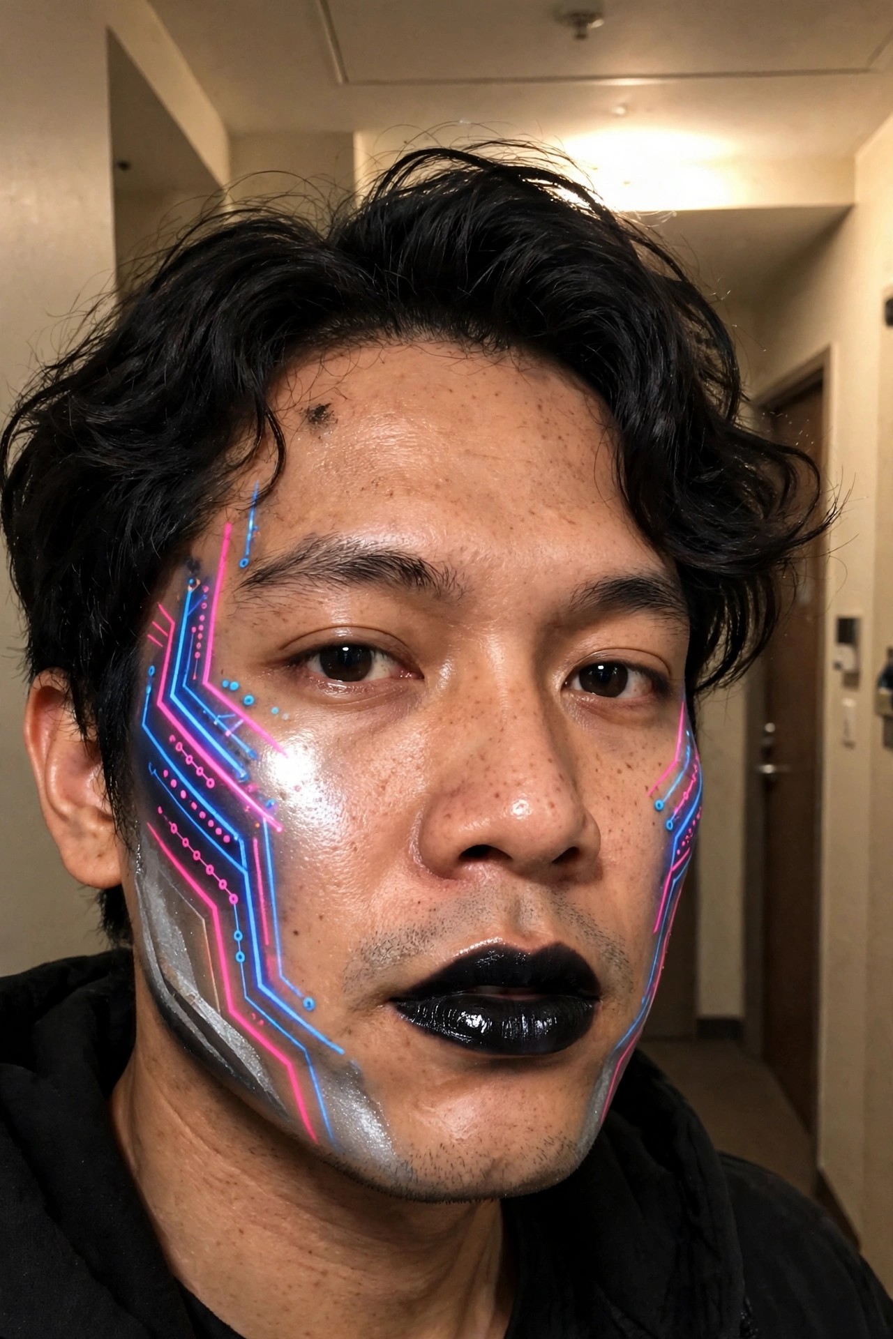 Close up of a man wearing neon blue and pink circuit board face paint with metallic silver accents on the left side of his face and black lipstick.