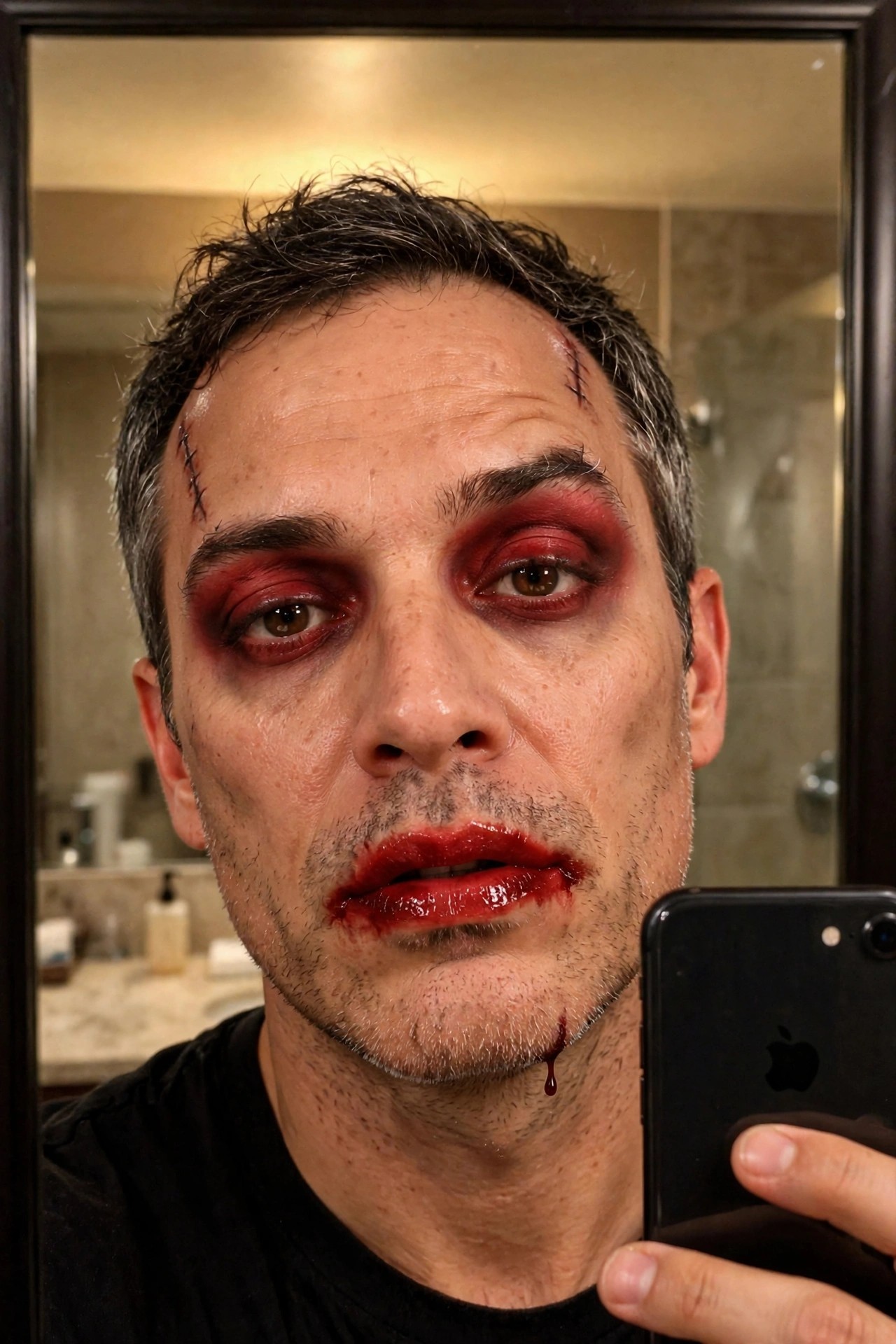 Close-up of a man with red smeared eye makeup, black stitched lines on the forehead, glossy bloody lips, and a blood drip on the chin.