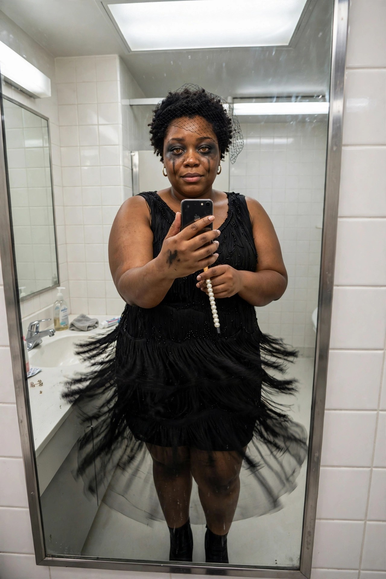 Plus size woman wearing a short black tiered fringe flapper dress with a net veil and dramatic black eye makeup while taking a mirror selfie.