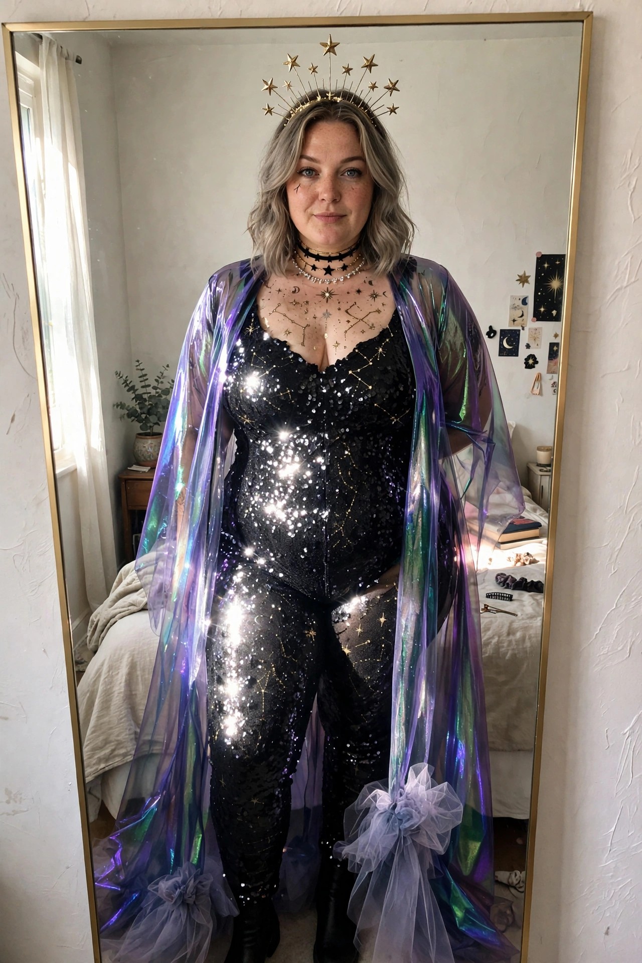 Plus size woman wearing a black sequin bodysuit with gold stars, an iridescent sheer cape with tulle trim, a gold star crown, and constellation body art on her chest.