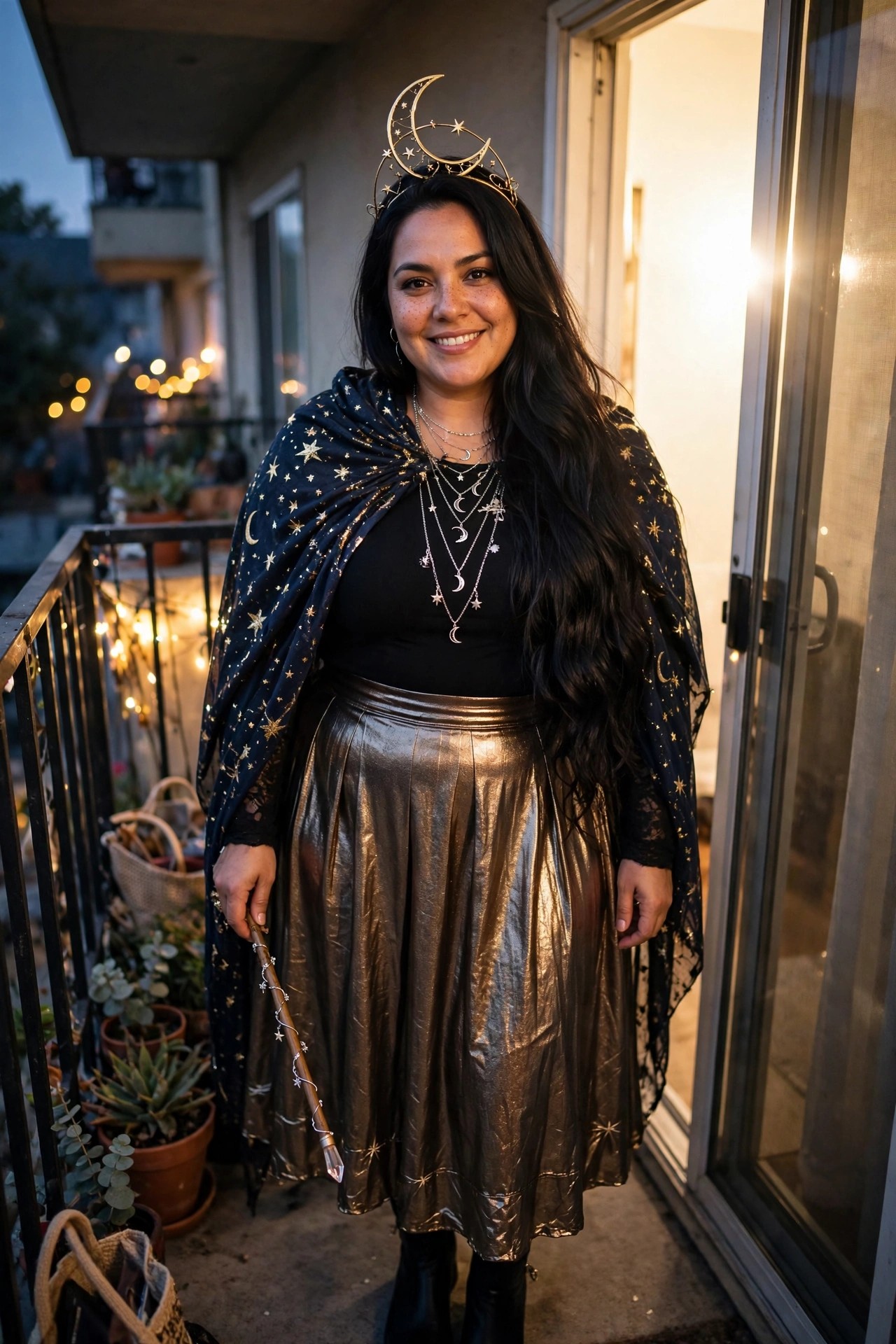 Woman wearing a celestial witch costume with a navy star and moon cape, metallic bronze skirt, golden moon crown, layered moon necklaces, and a star wand.
