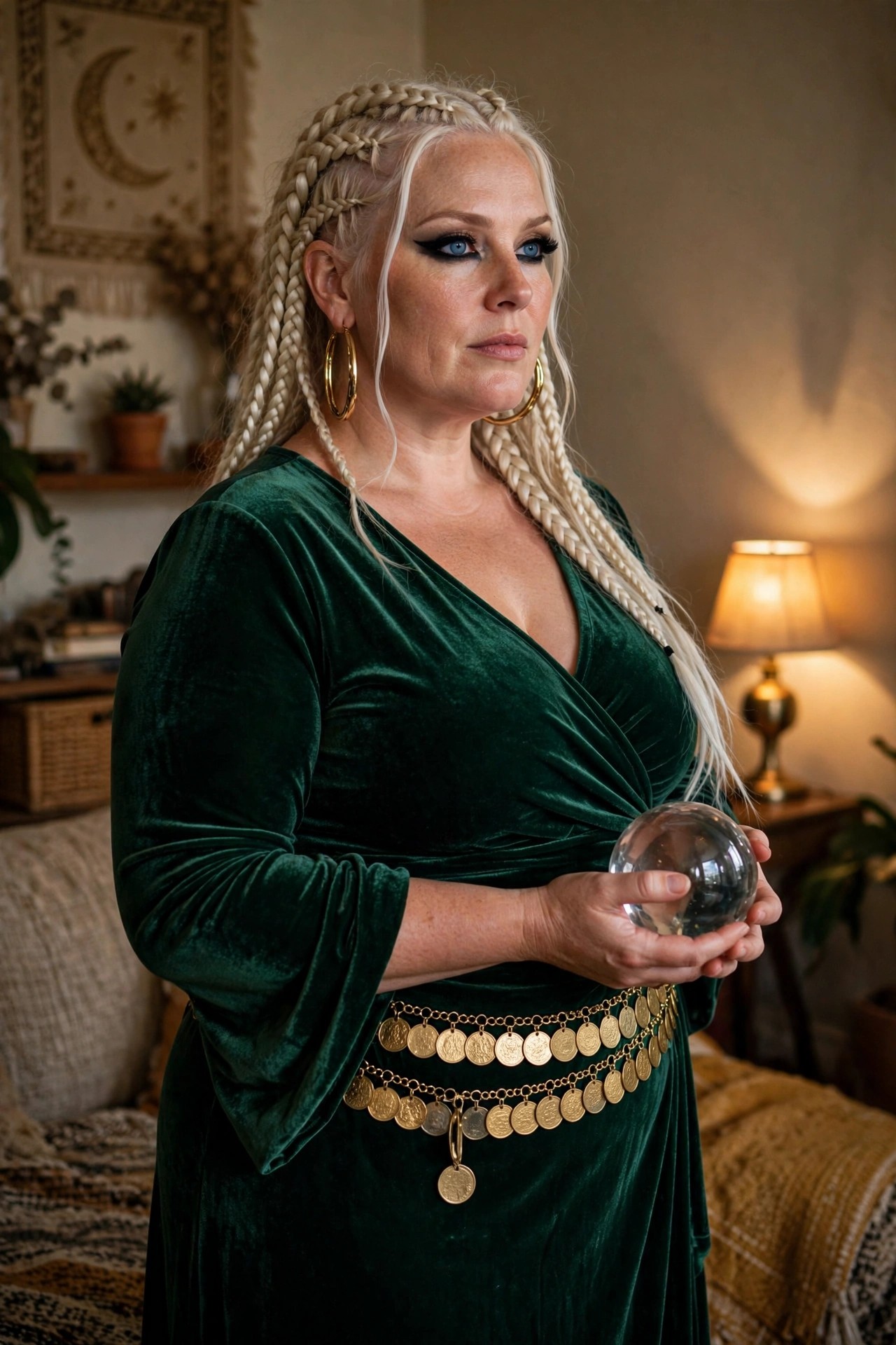 Woman wearing a green velvet wrap dress with a multi-row gold coin belt, holding a clear crystal ball, styled as a fortune teller with long blonde braids.