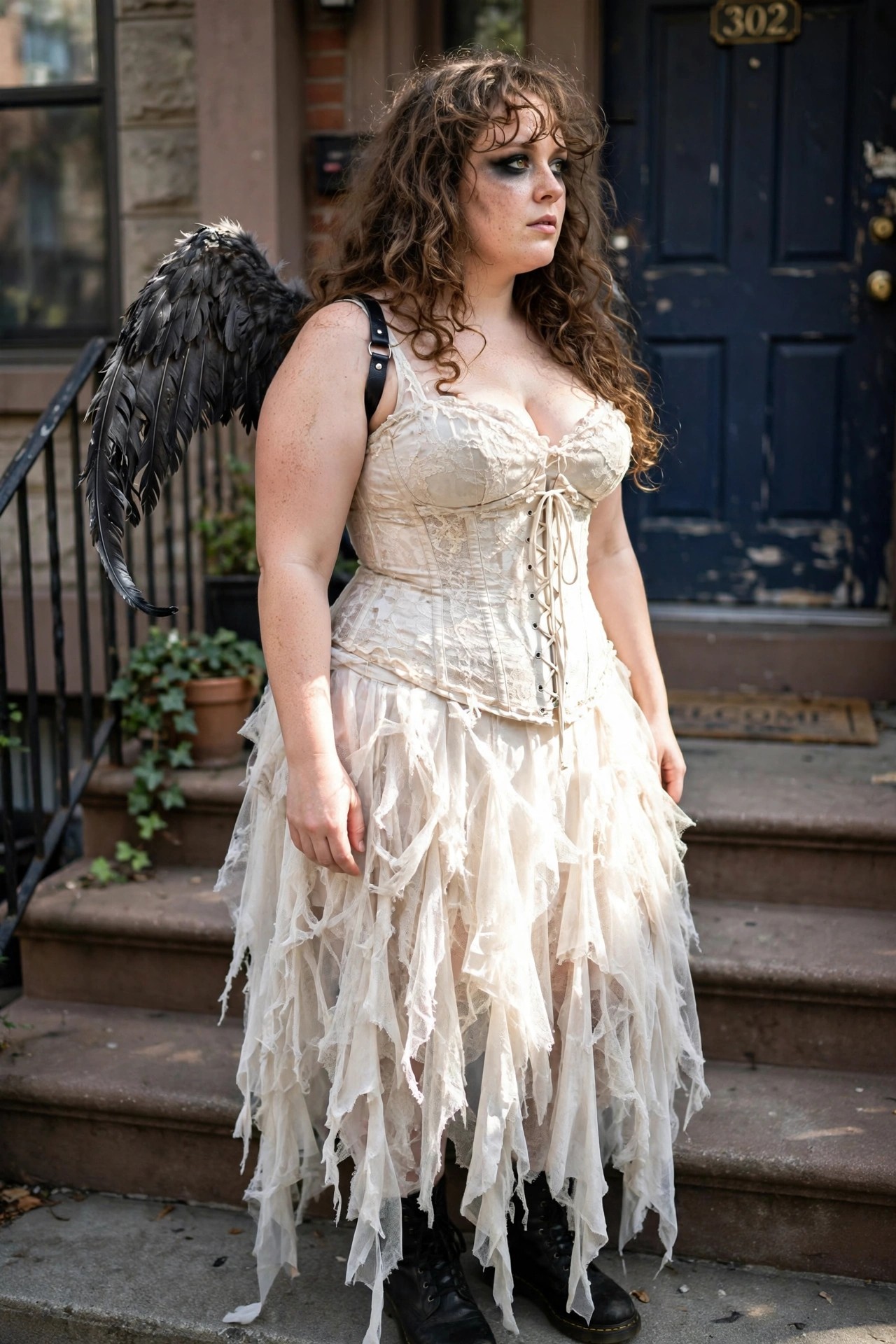 Plus size woman wearing a fallen angel costume with black feathered wings, cream lace up corset, shredded tulle skirt, and black boots.