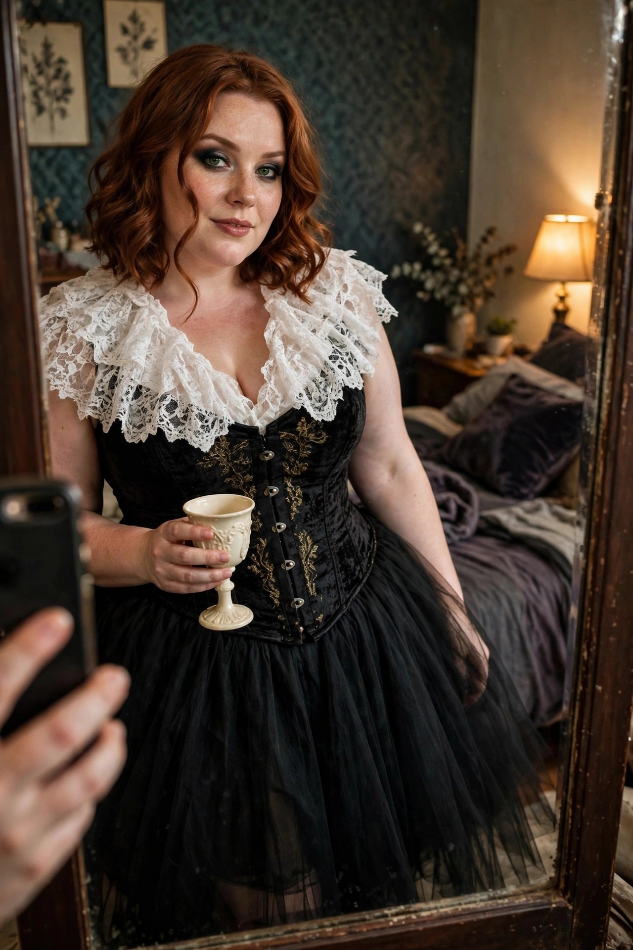 Plus size woman in black velvet corset with gold embroidery, large white lace collar, and black tulle skirt holding a cream goblet in a mirror selfie.