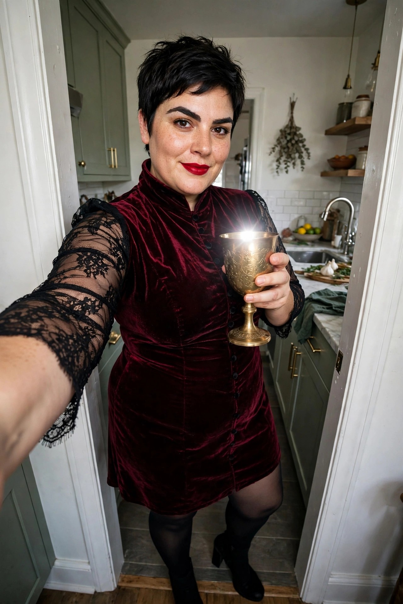 Woman in a short burgundy velvet button front dress with black lace sleeves holding a gold goblet in a kitchen.