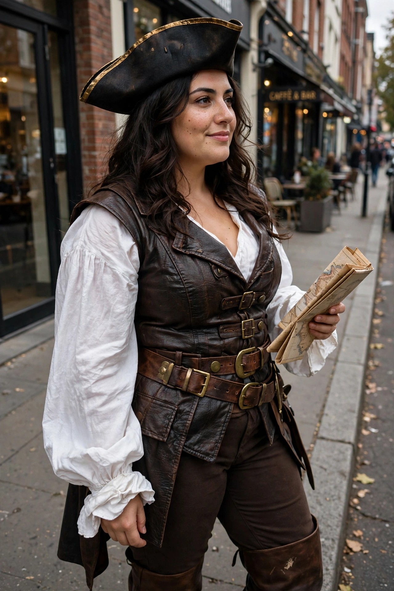 Woman wearing a pirate captain costume with black tricorn hat, white puffy sleeve blouse, brown leather vest with buckles, wide belt, brown pants, and tall boots while holding a rolled map.