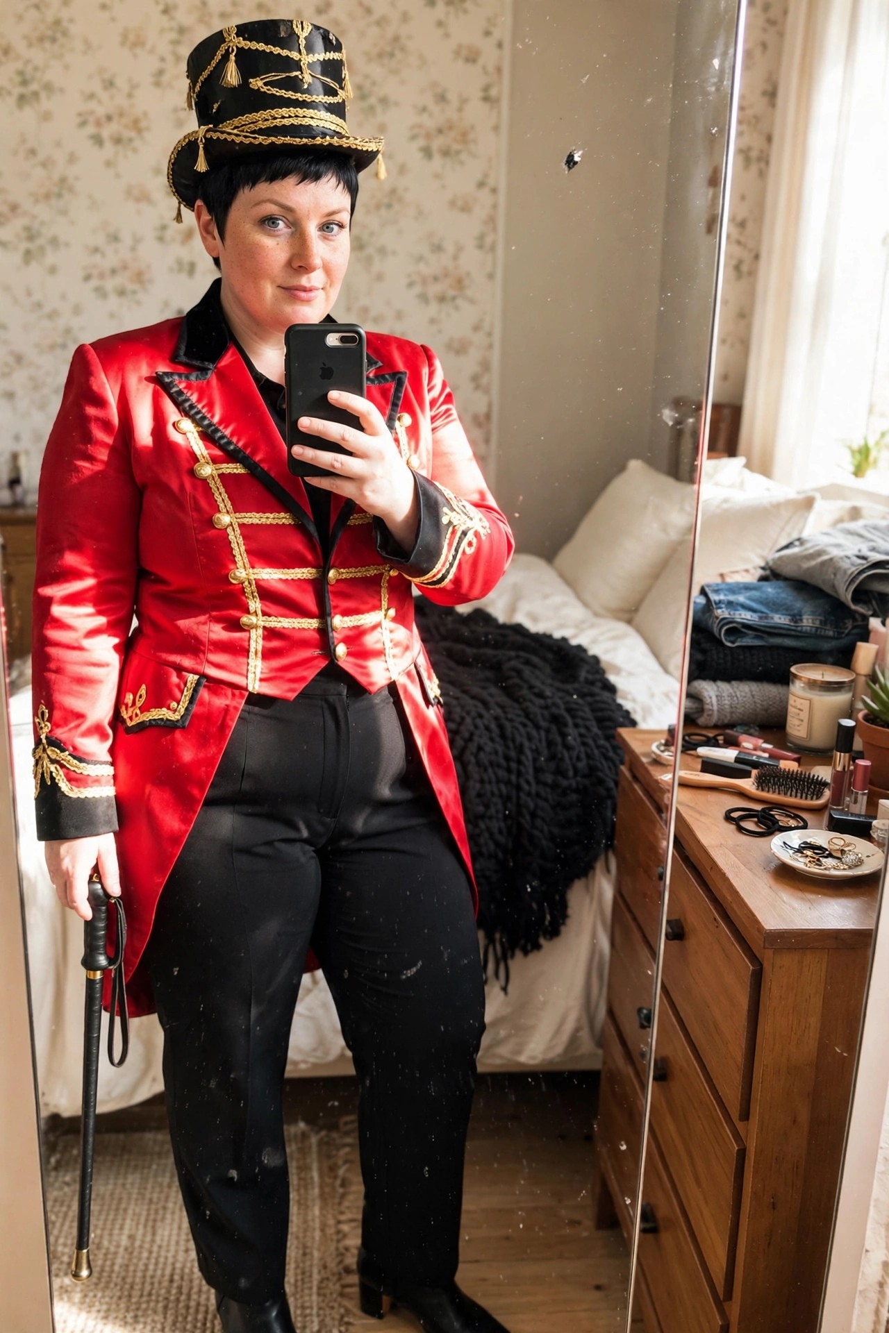 Plus size woman wearing a red ringmaster jacket with gold braid, black top hat, and holding a cane for a circus ringmaster Halloween costume.
