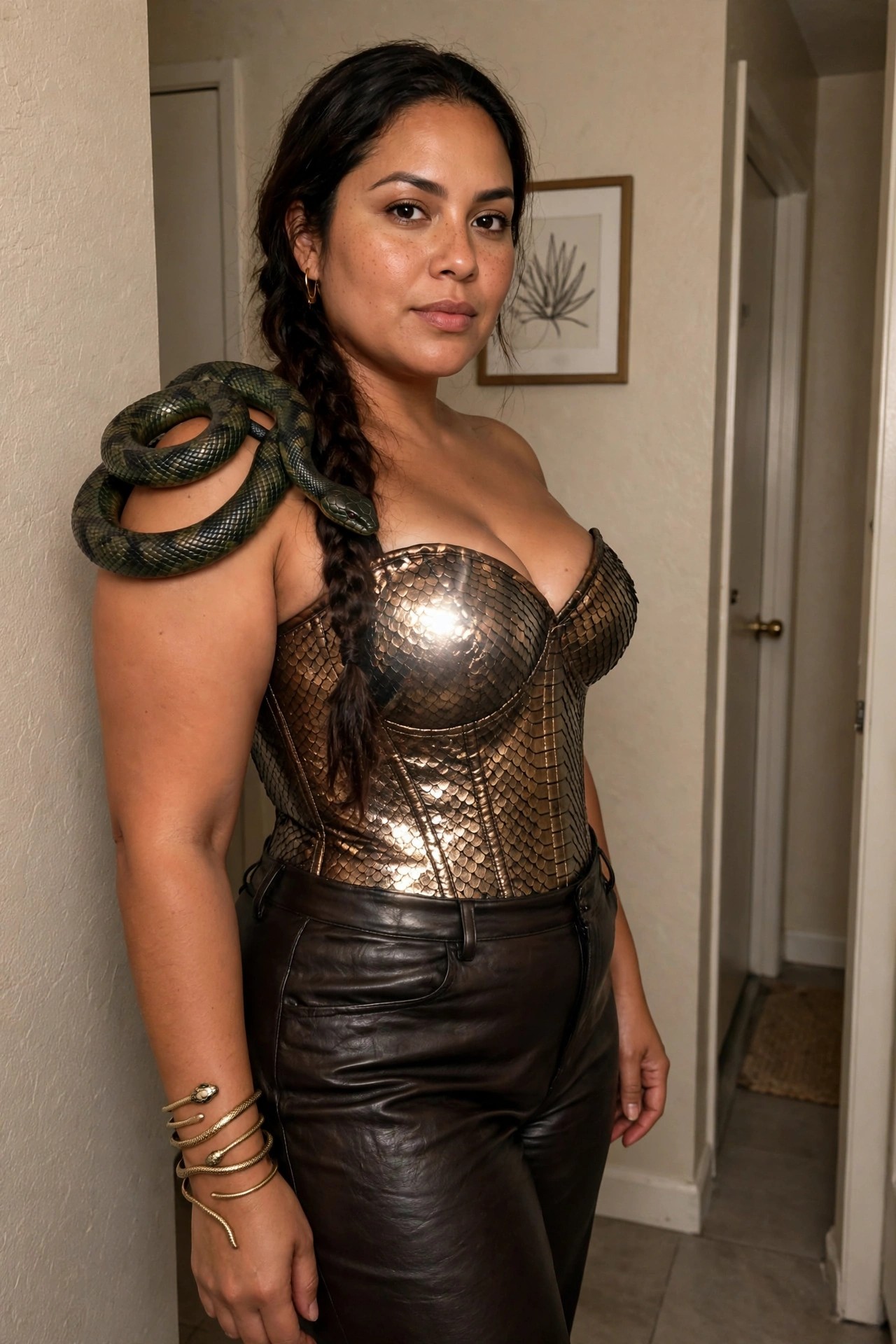 Woman wearing a metallic scale corset top and leather pants with a live green and black snake draped over her shoulder and matching snake bracelets on her wrist.