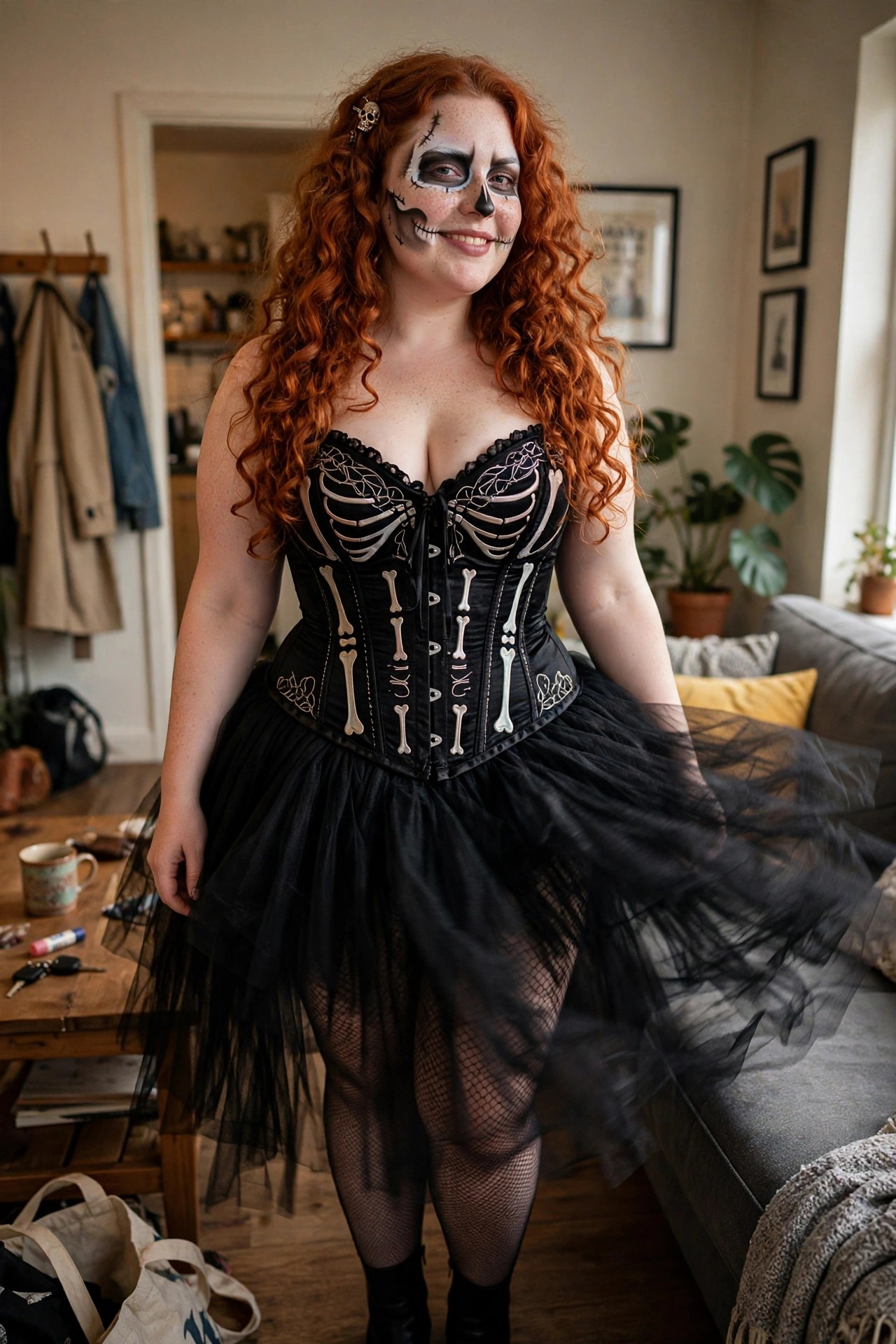 Plus size woman wearing a black corset printed with white skeleton bones and a short black tulle skirt, paired with fishnet tights and skull face paint.