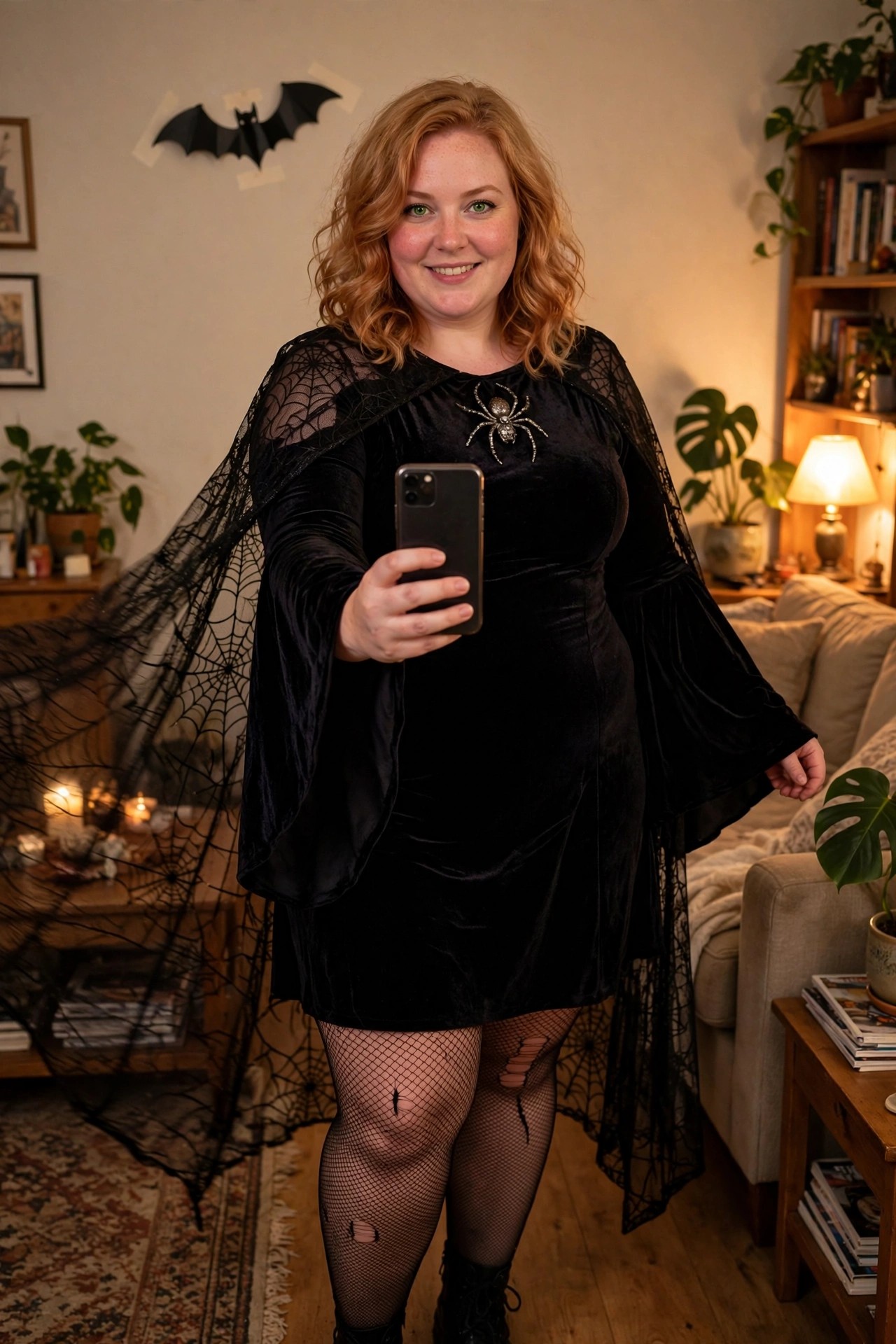 Plus size woman wearing a black velvet mini dress with a long sheer spiderweb cape, spider brooch, and distressed fishnet tights while taking a mirror selfie.