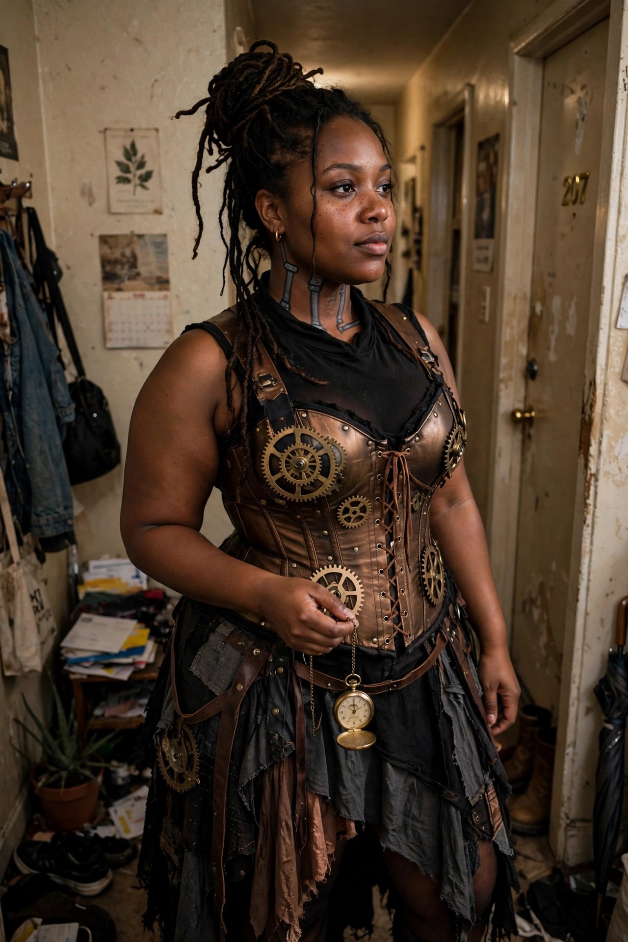Woman wearing a steampunk costume with brown metallic corset covered in brass gears, black sheer top, ragged layered skirt, pocket watch accessory, and mechanical neck pieces.