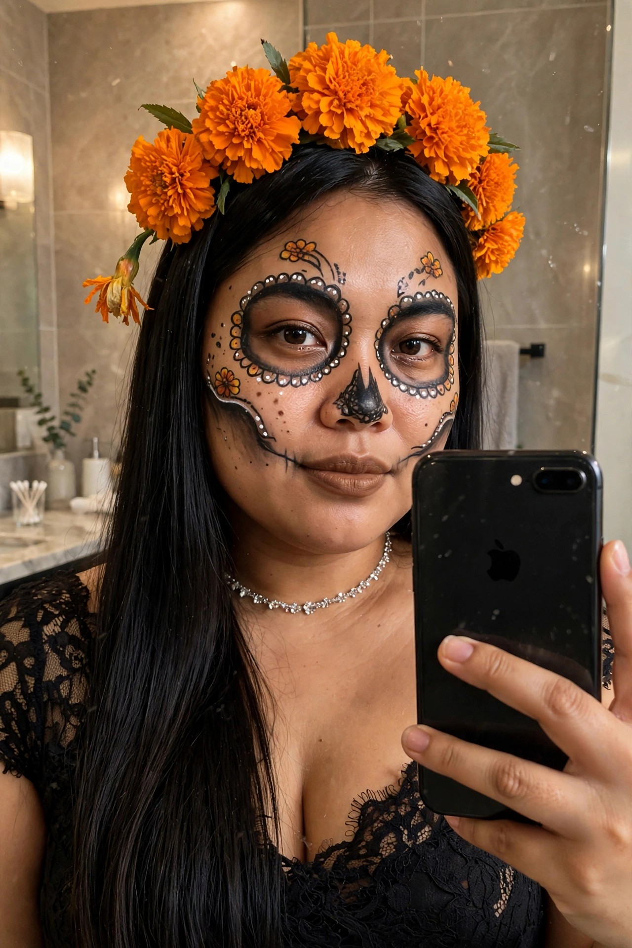 Woman wearing sugar skull face paint with orange marigold flower crown and black lace top for a Catrina style Halloween costume.