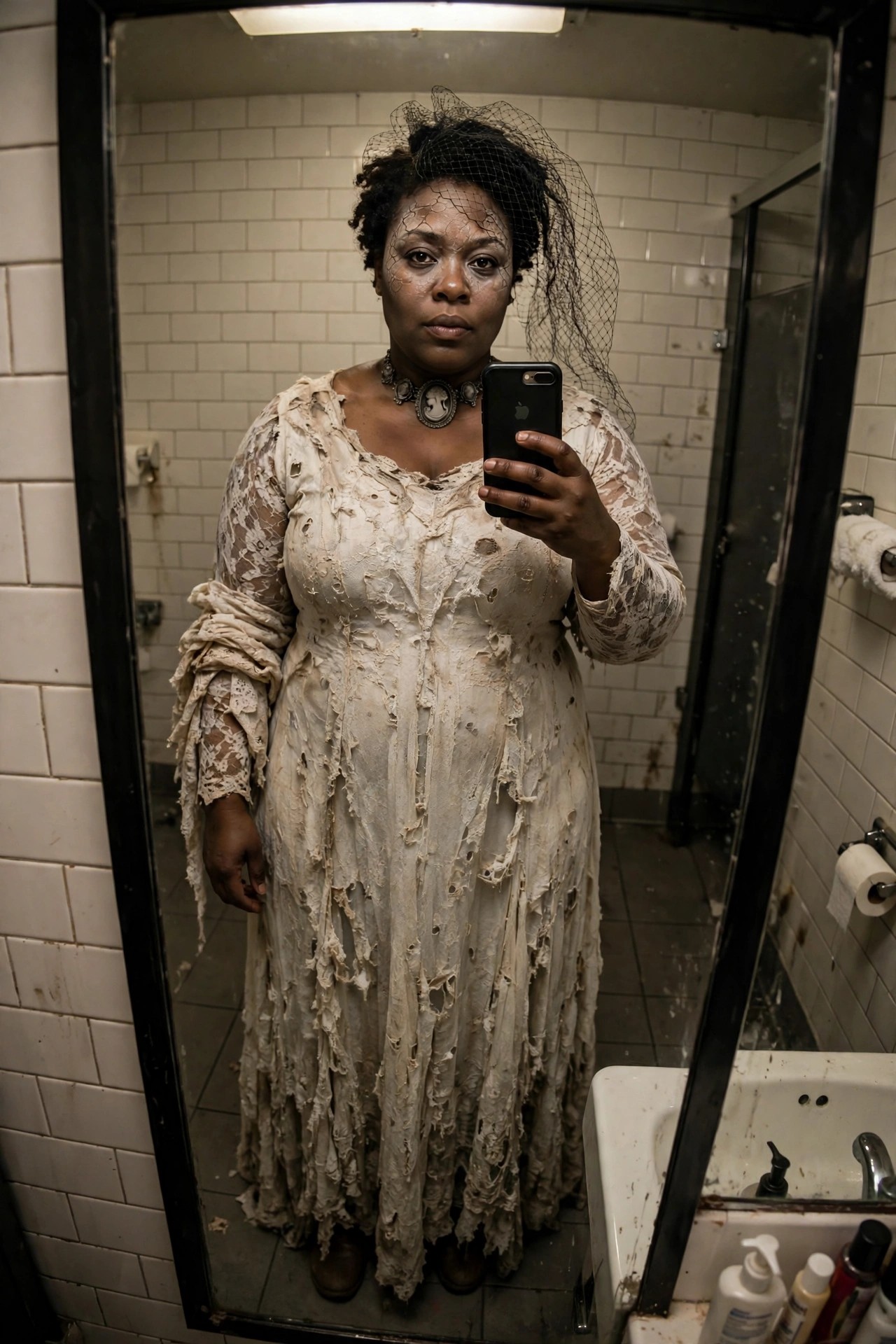 Plus size woman wearing a torn off white lace ghost bride dress with veil and cracked face makeup while taking a mirror selfie.