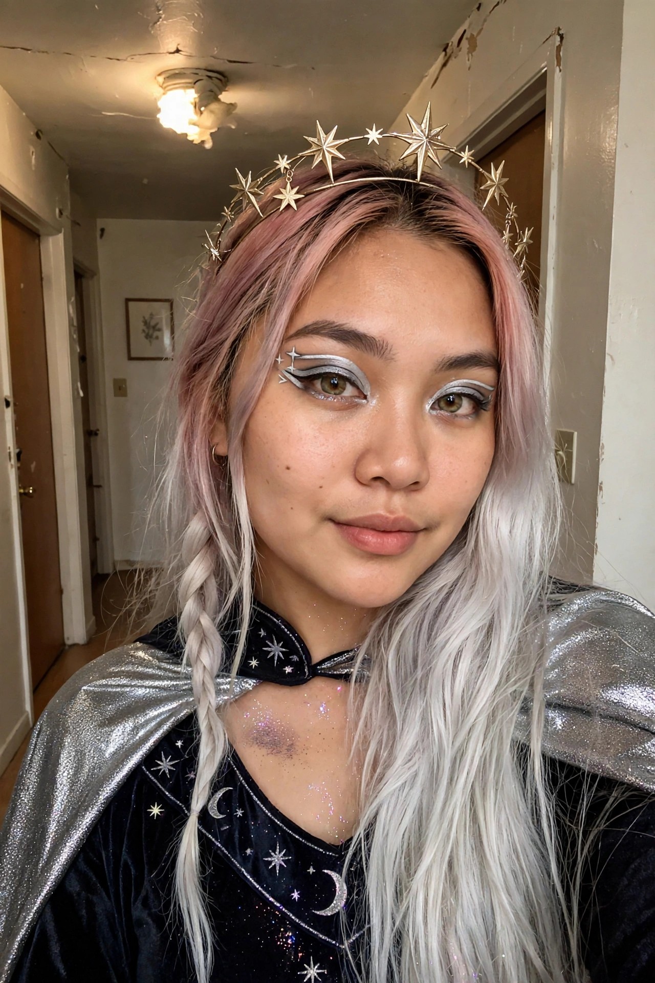 Woman wearing a silver cape over a black velvet top with moon and star patterns, a large star crown headpiece, and pink hair with matching silver star eye makeup.