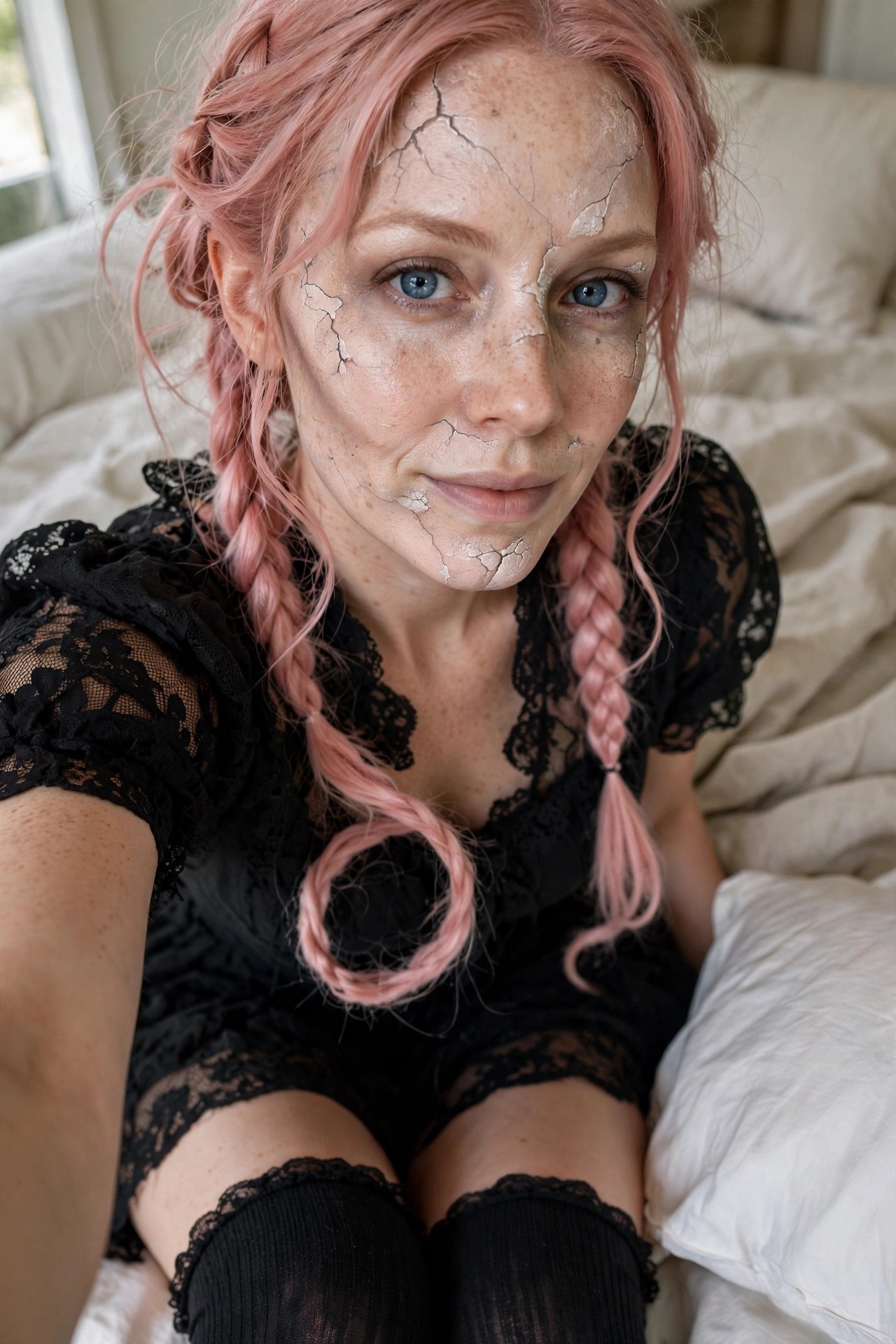 Woman with pink braided hair wearing a black lace dress and black thigh high socks with cracked porcelain style face paint.