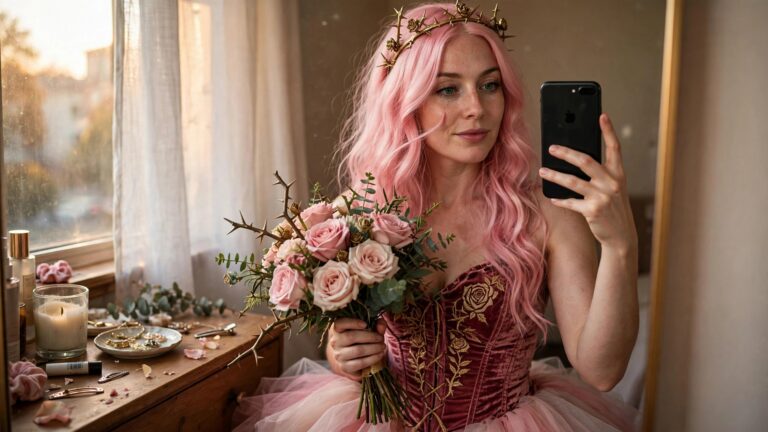 18+ Pink Hair Halloween Costume Ideas Woman wearing a maroon velvet corset with gold rose details, pink tulle skirt, and gold thorny crown while holding pink roses and taking a selfie.