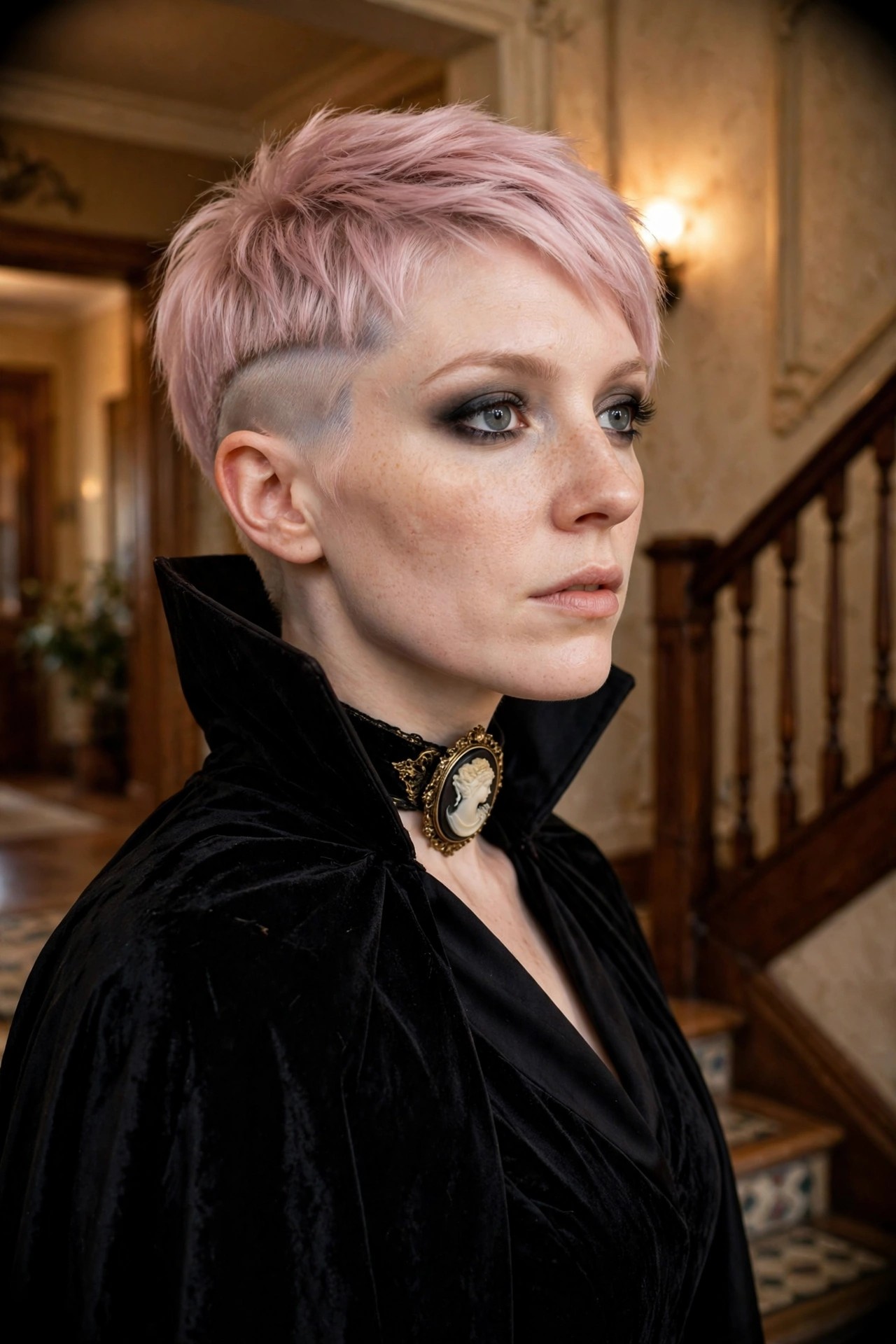 Woman wearing a black velvet high-collared cape with a cameo brooch and short pink hair with an undercut, dark eye makeup visible.