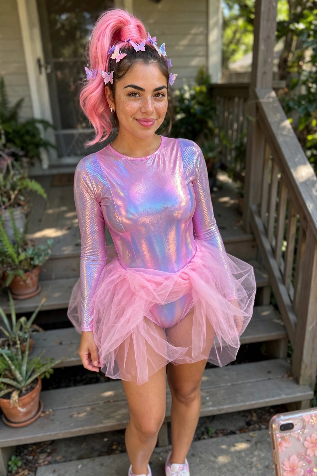 Woman wearing an iridescent pink and purple metallic leotard with a layered pink tulle tutu skirt and a high pink ponytail accented with butterfly clips.