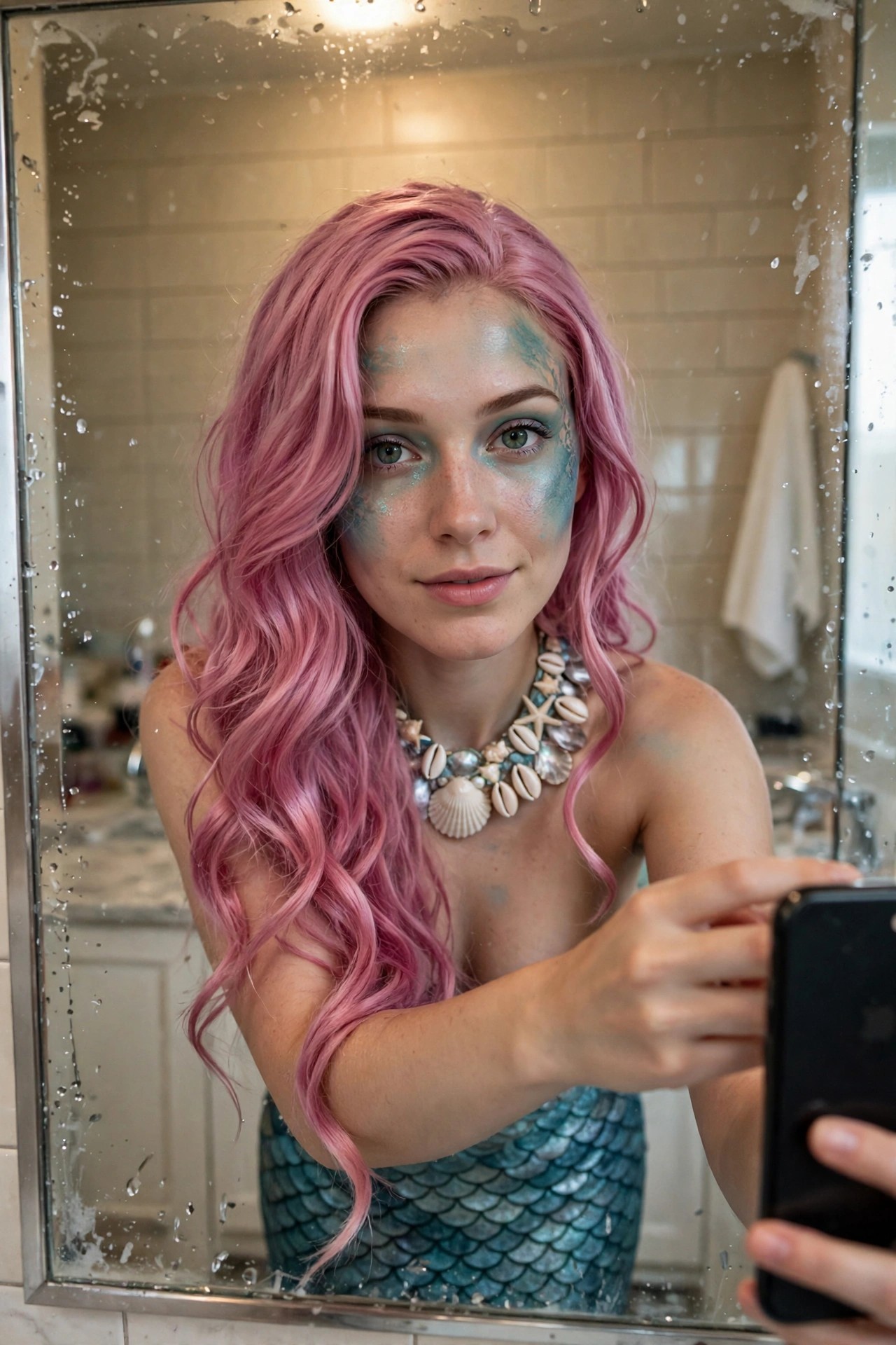 Woman wearing a mermaid costume with long wavy pink hair, blue green scale face paint, shell necklace, and scaled top taking a mirror selfie.