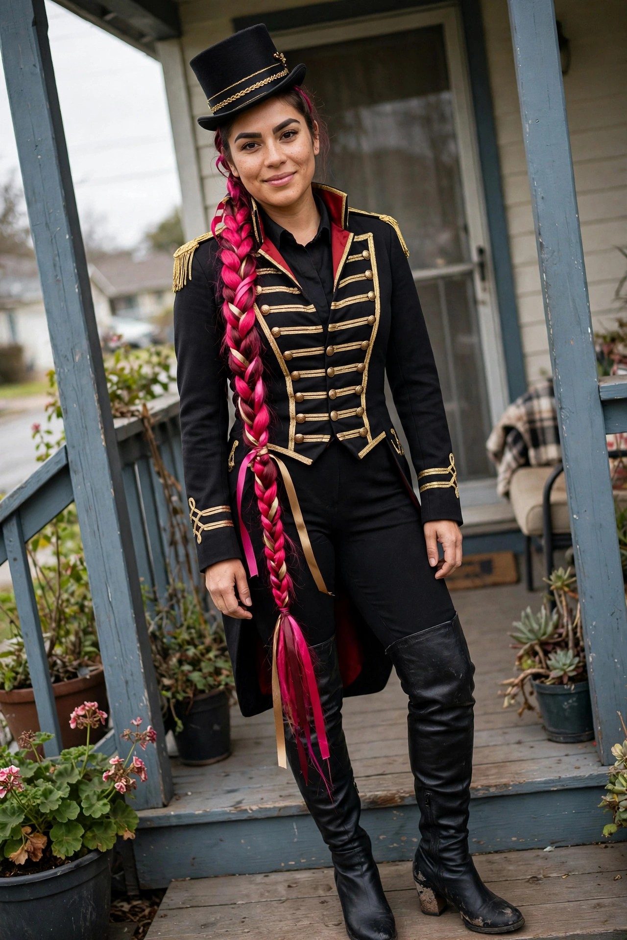 Woman wearing a black and gold military style ringmaster jacket with matching top hat and long bright pink braid tied with ribbons.