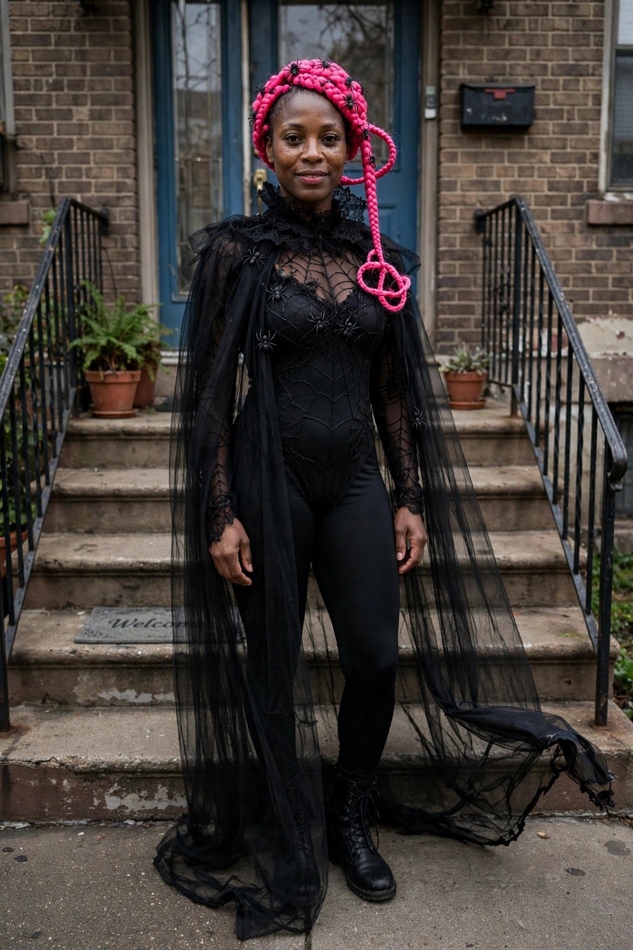 Woman wearing a black spiderweb bodysuit with sheer cape and pink braided hair decorated with small black spiders.