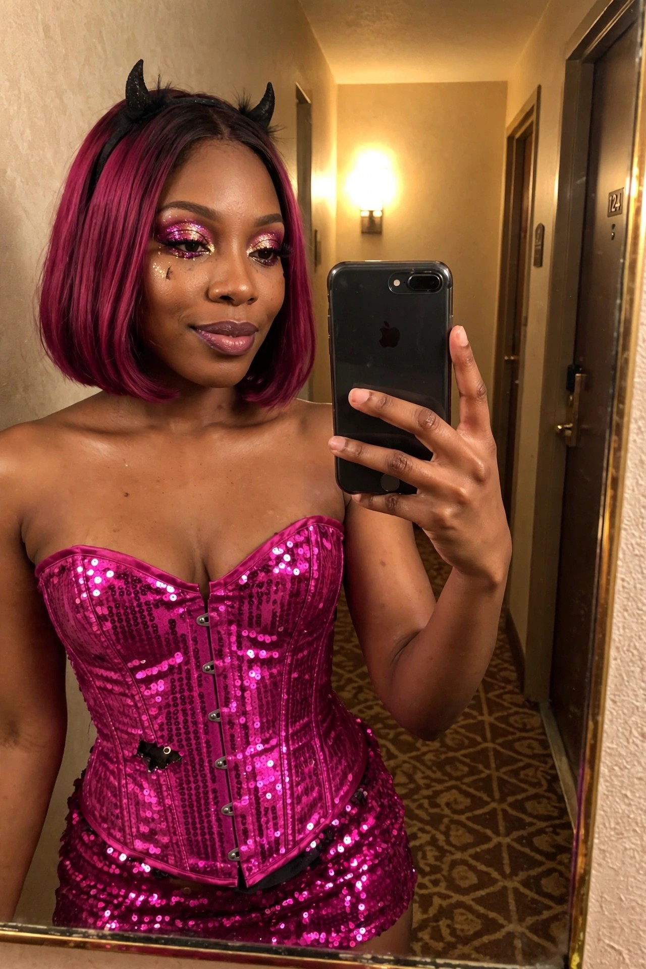 Woman wearing a bright pink sequined corset and mini skirt with a short magenta bob and black devil horns for a pink devil Halloween costume.