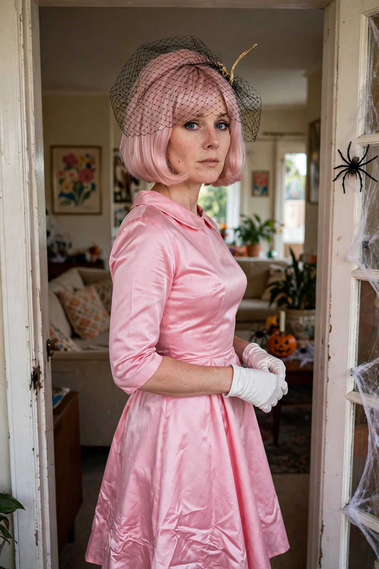 Woman wearing a pink satin retro style dress with a short pink bob wig and black net fascinator topped with a small gold horn.