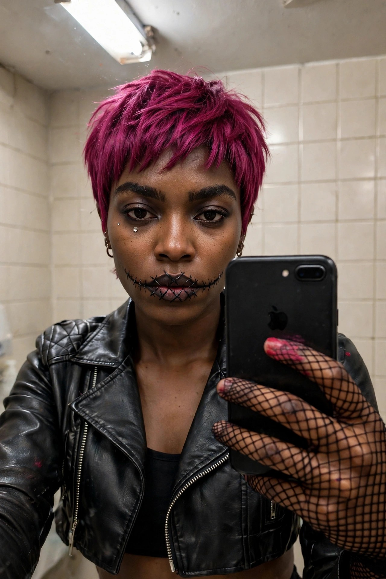 Short bright pink hair with black stitched mouth makeup, cropped black leather jacket, and fishnet gloves on one hand holding a phone.